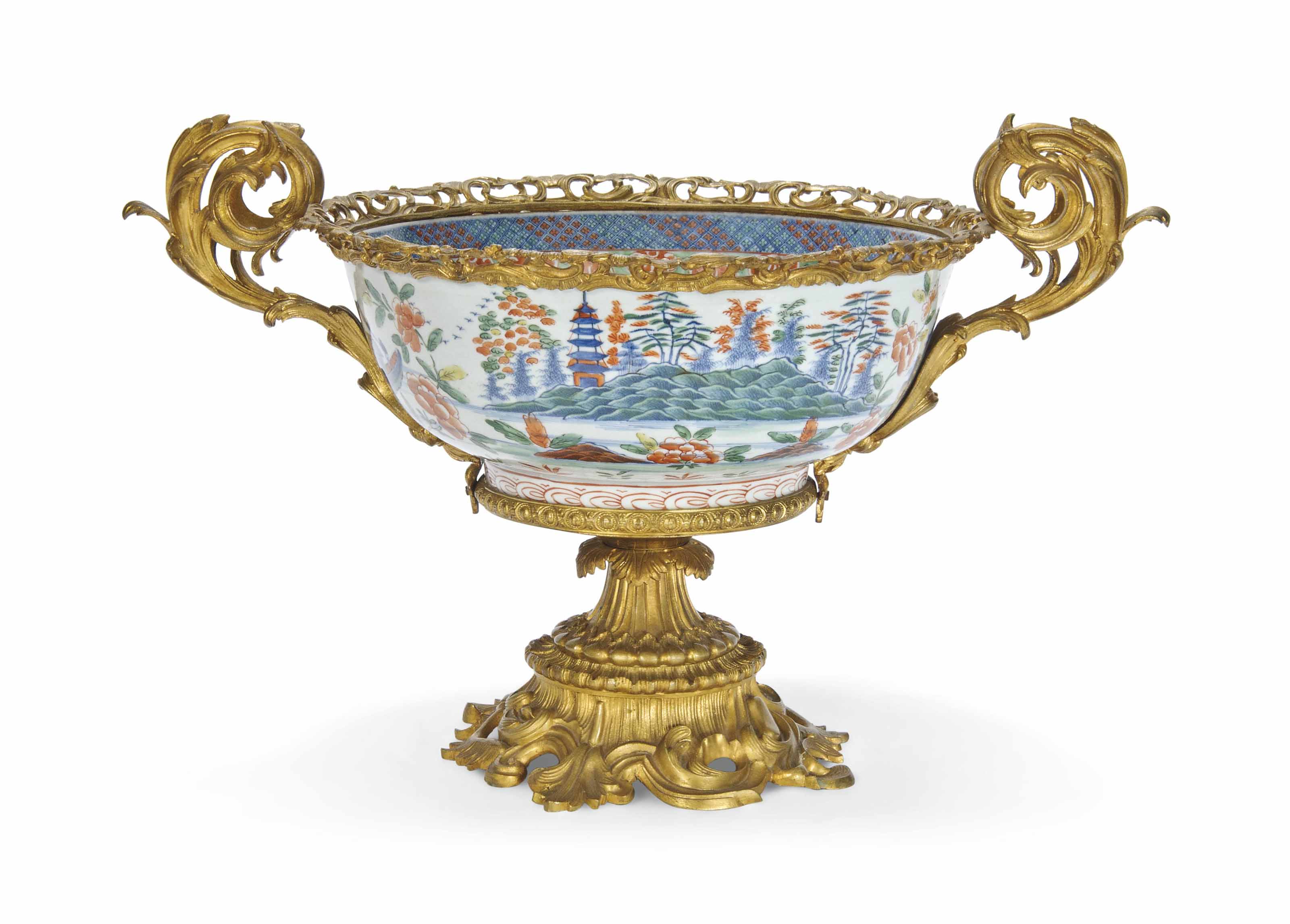 A LARGE CHINESE ORMOLU MOUNTED AND POLYCHROME DECORATED BOWL THE 