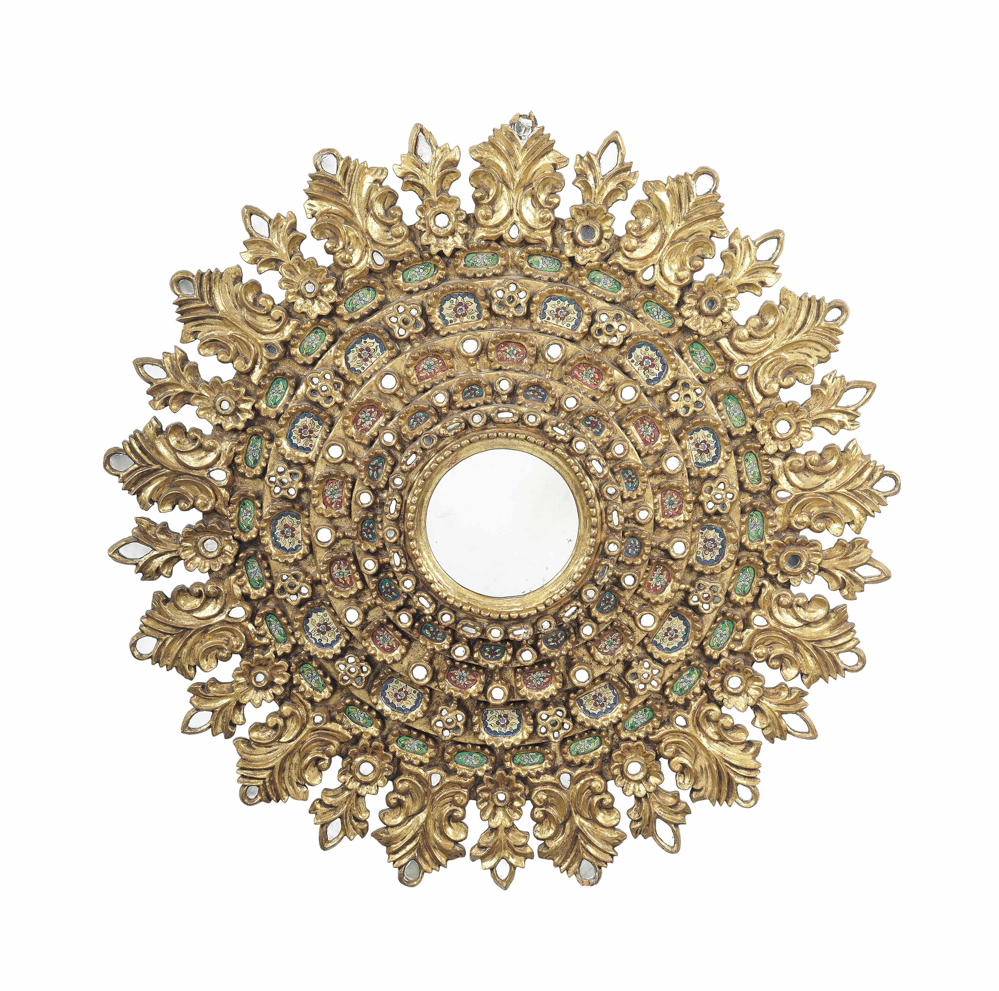 A MEXICAN CARVED GILTWOOD AND POLYCHROME ENAMEL MIRROR , 20TH CENTURY