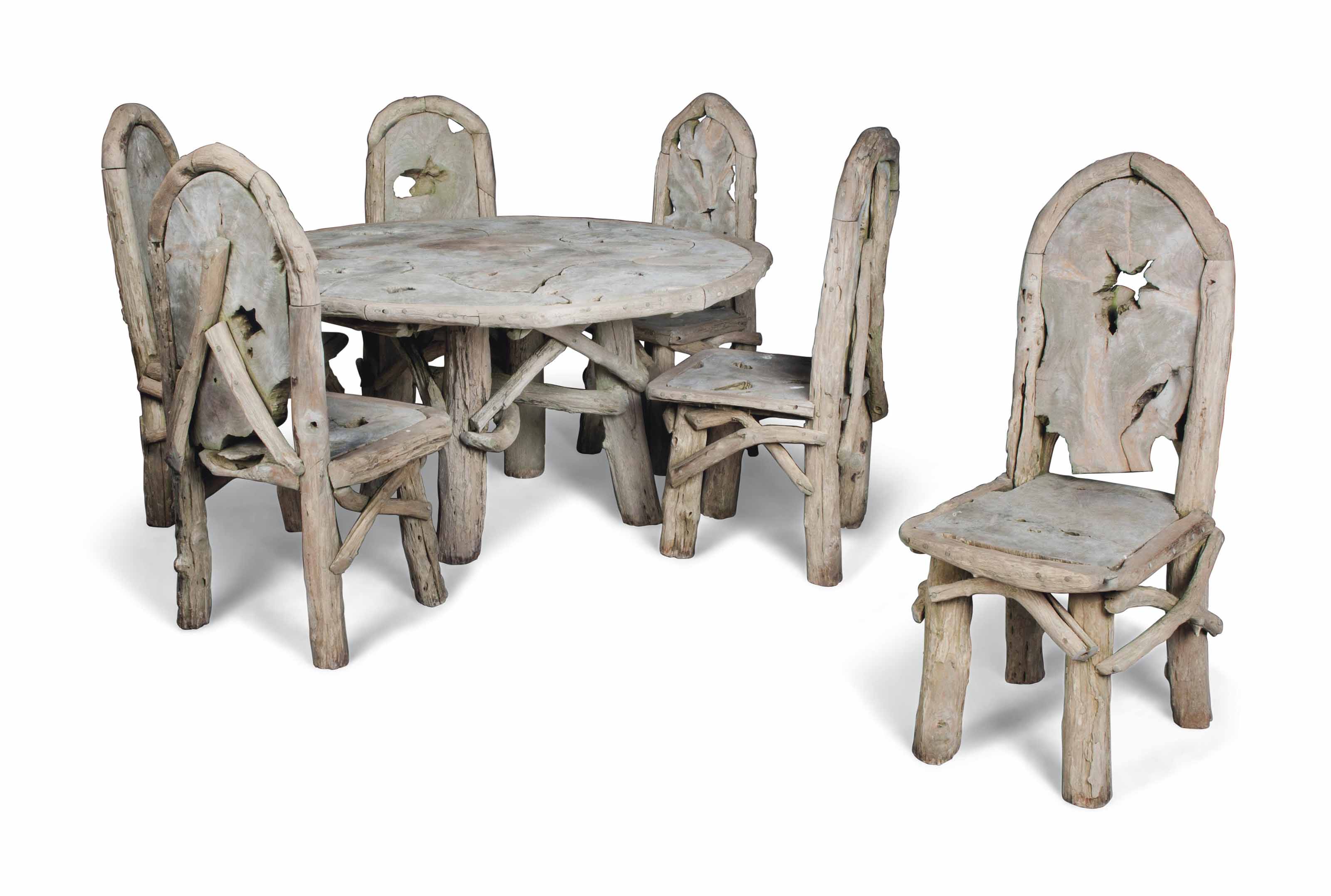 A GARDEN TABLE AND SIX CHAIRS