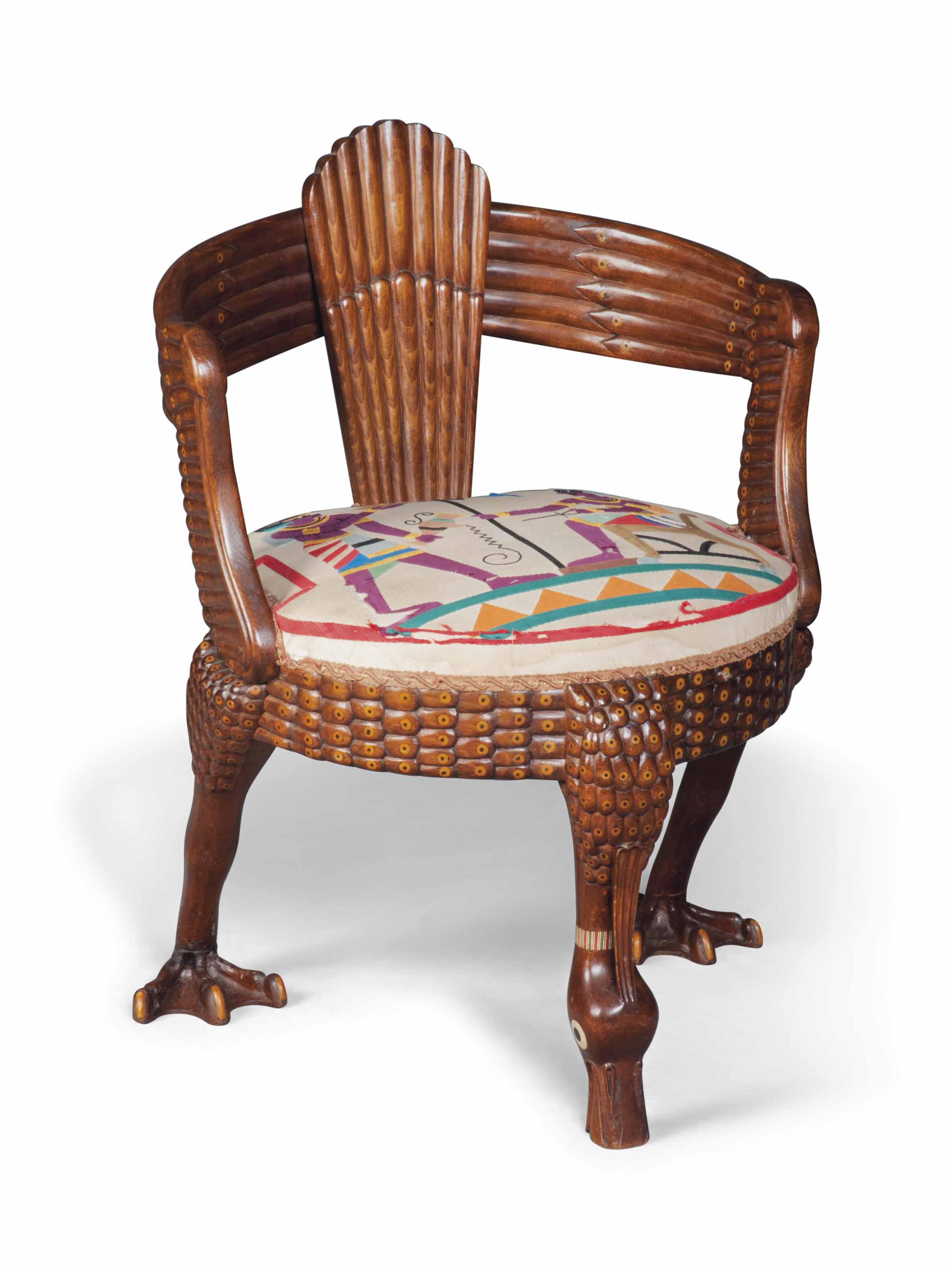 AN 'EGYPTIAN REVIVAL' HARDWOOD AND BONE-INLAID IBIS CHAIR , SECOND