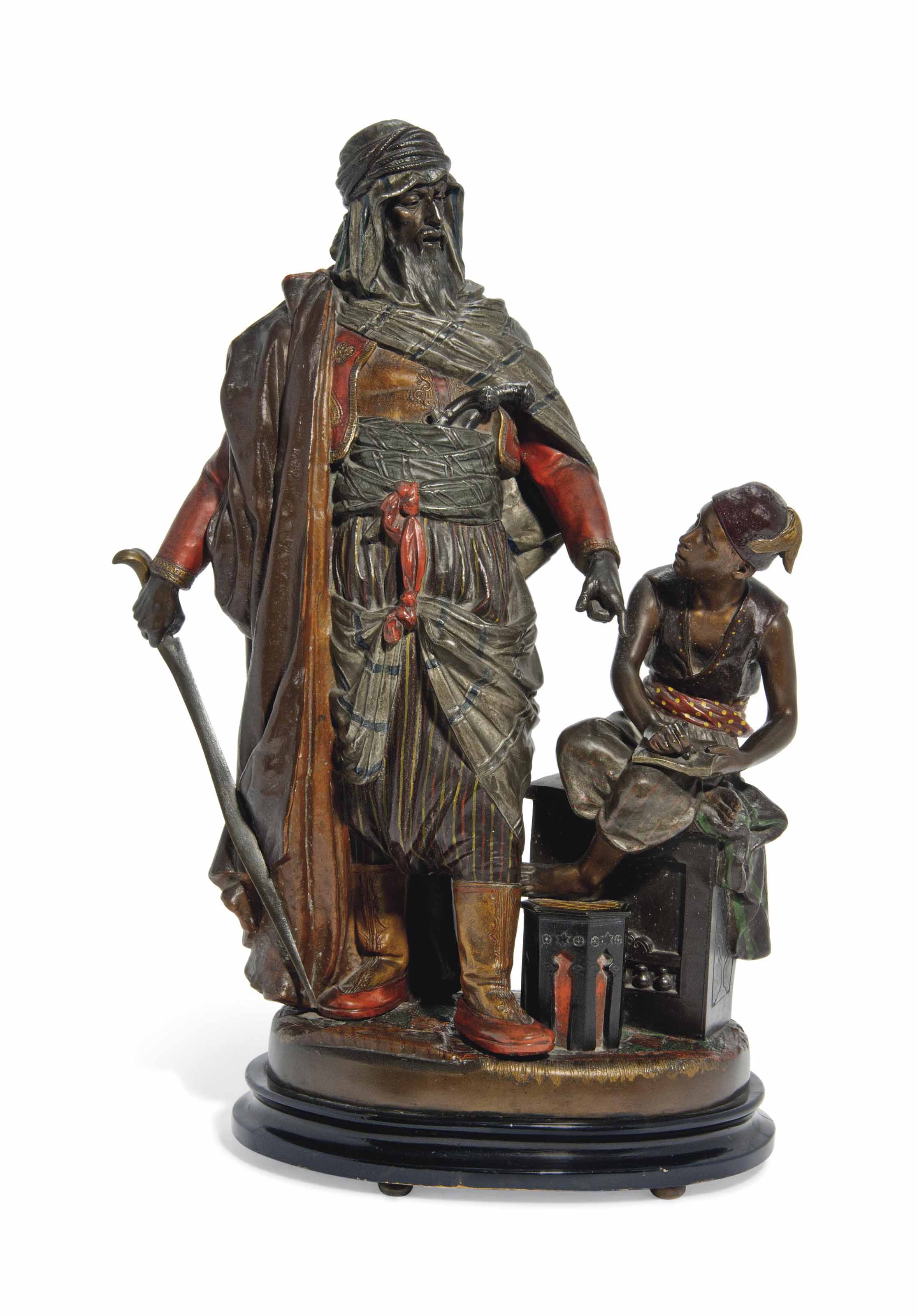 A GERMAN COLD PAINTED SPELTER ORIENTALIST GROUP OF AN ARAB CHIEFTAIN