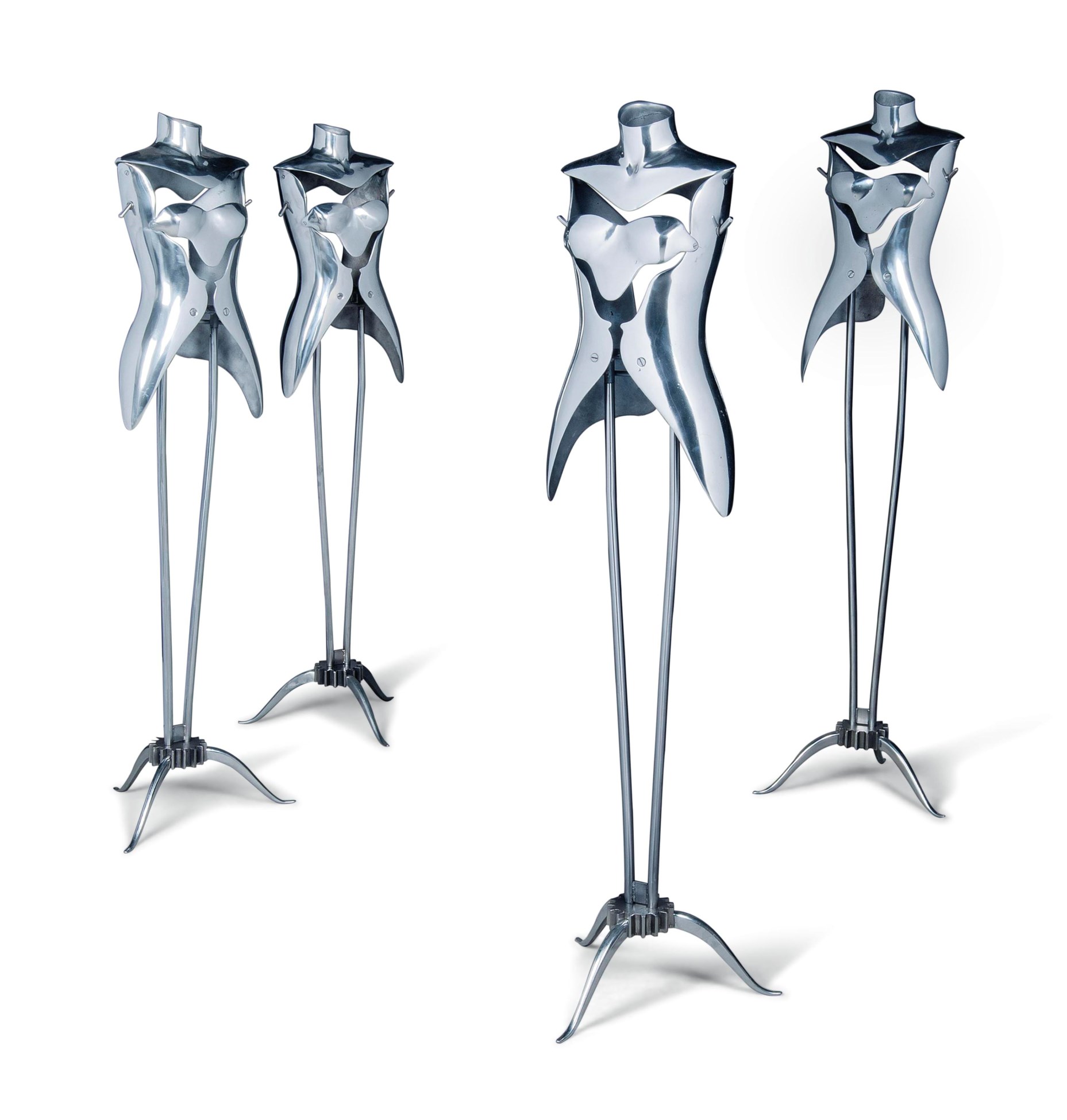 FOUR ALUMINIUM AND STEEL MANNEQUINS