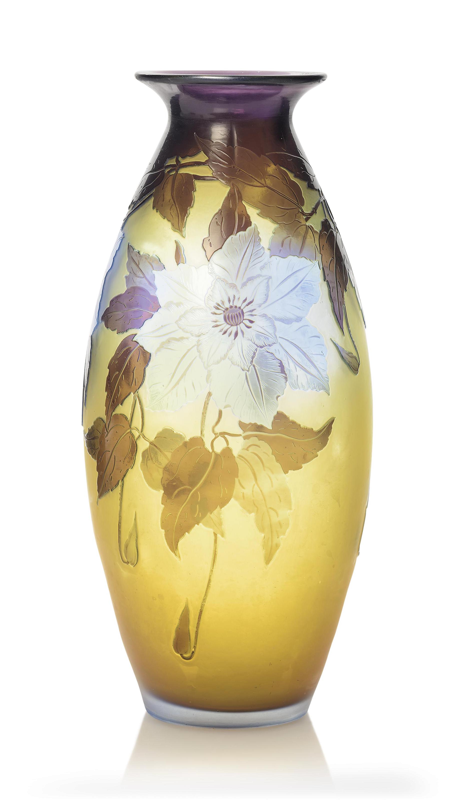 A GALLE DOUBLE OVERLAY CAMEO GLASS VASE , 'CLEMATIS', CIRCA 1910