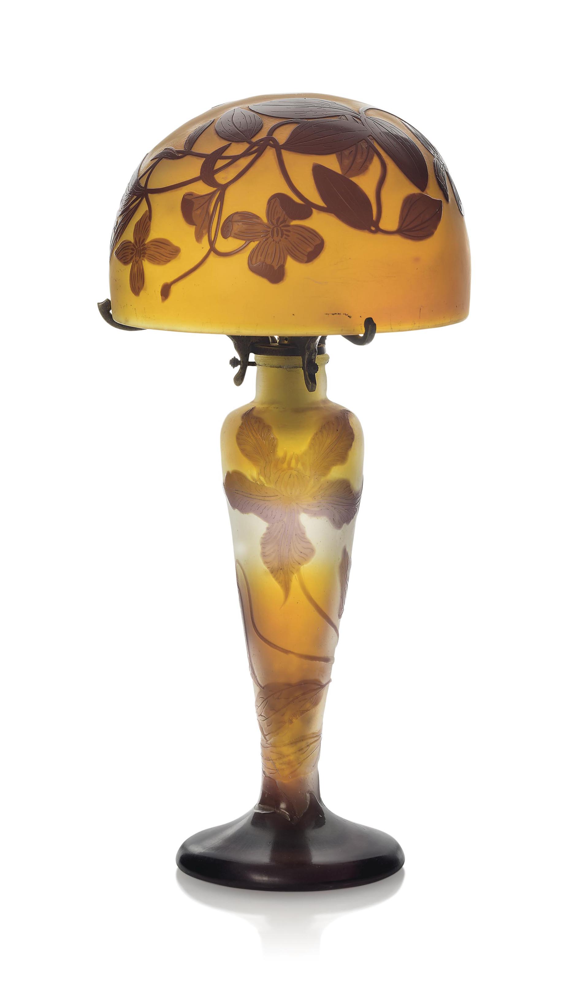A GALLE CAMEO GLASS TABLE LAMP , 'CLEMATIS', CIRCA 1910, SHADE SIGNED