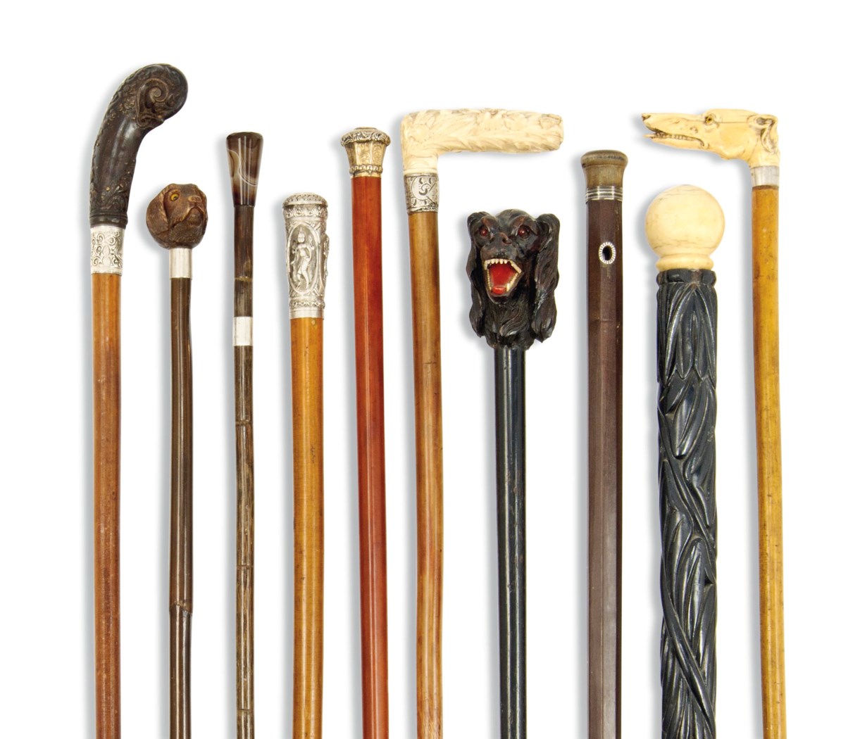 TEN NOVELTY WALKING STICKS AND STAFFS, 19TH CENTURY AND 20TH CENTURY