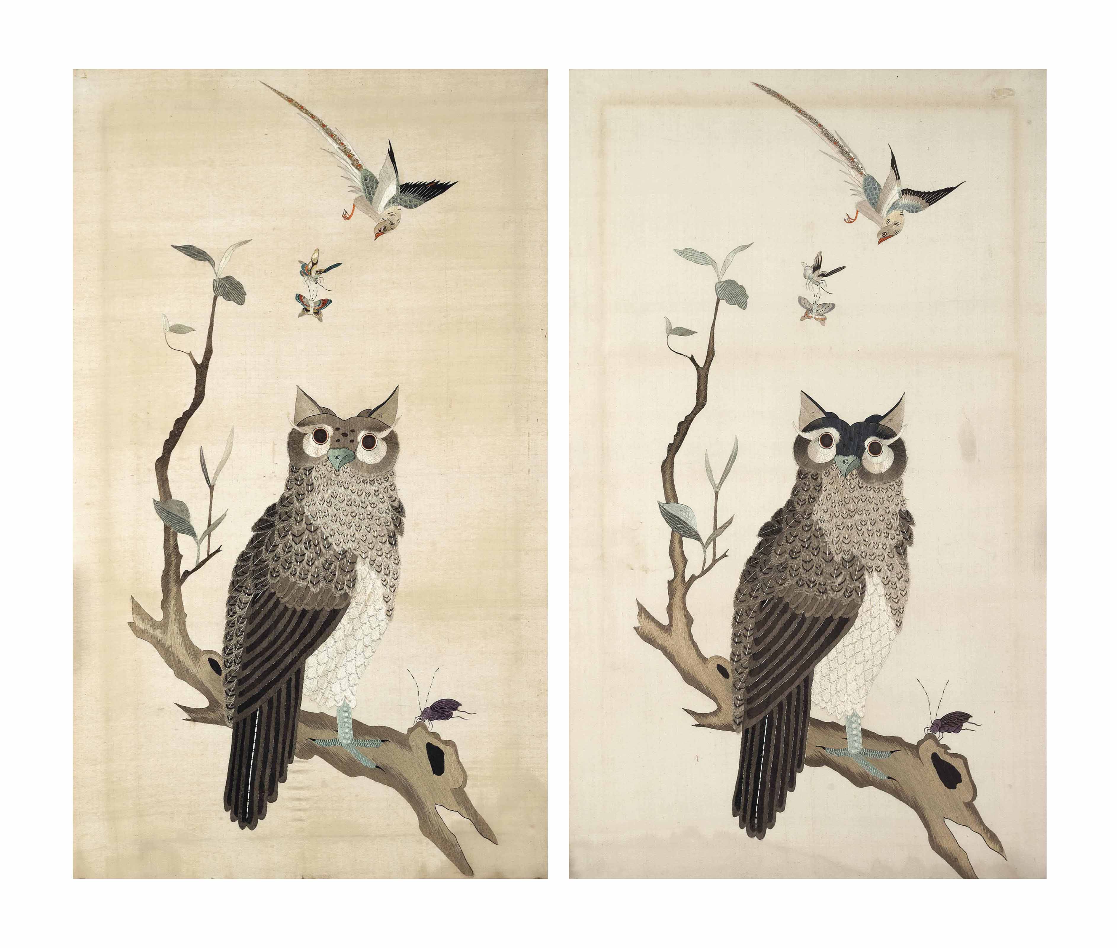 A PAIR OF CHINESE 'OWL' EMBROIDERED SILK PANELS , LATE 19TH CENTURY