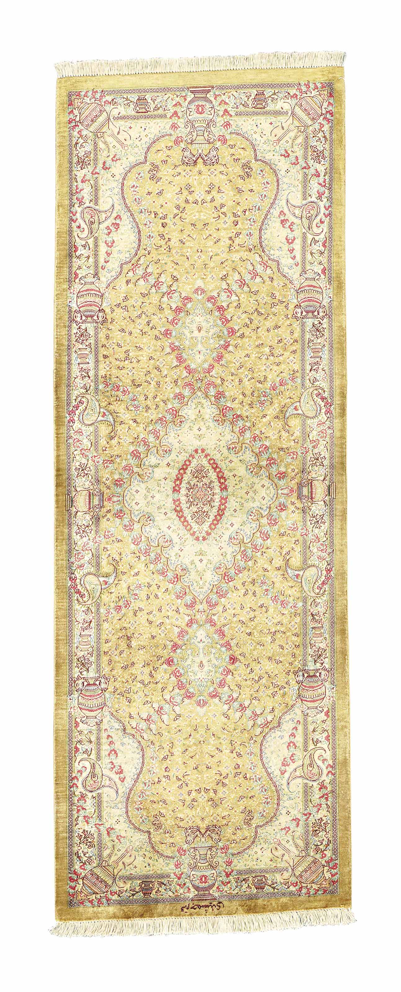 A VERY FINE SIGNED SILK QUM RUG , CENTRAL PERSIA, MID 20TH CENTURY