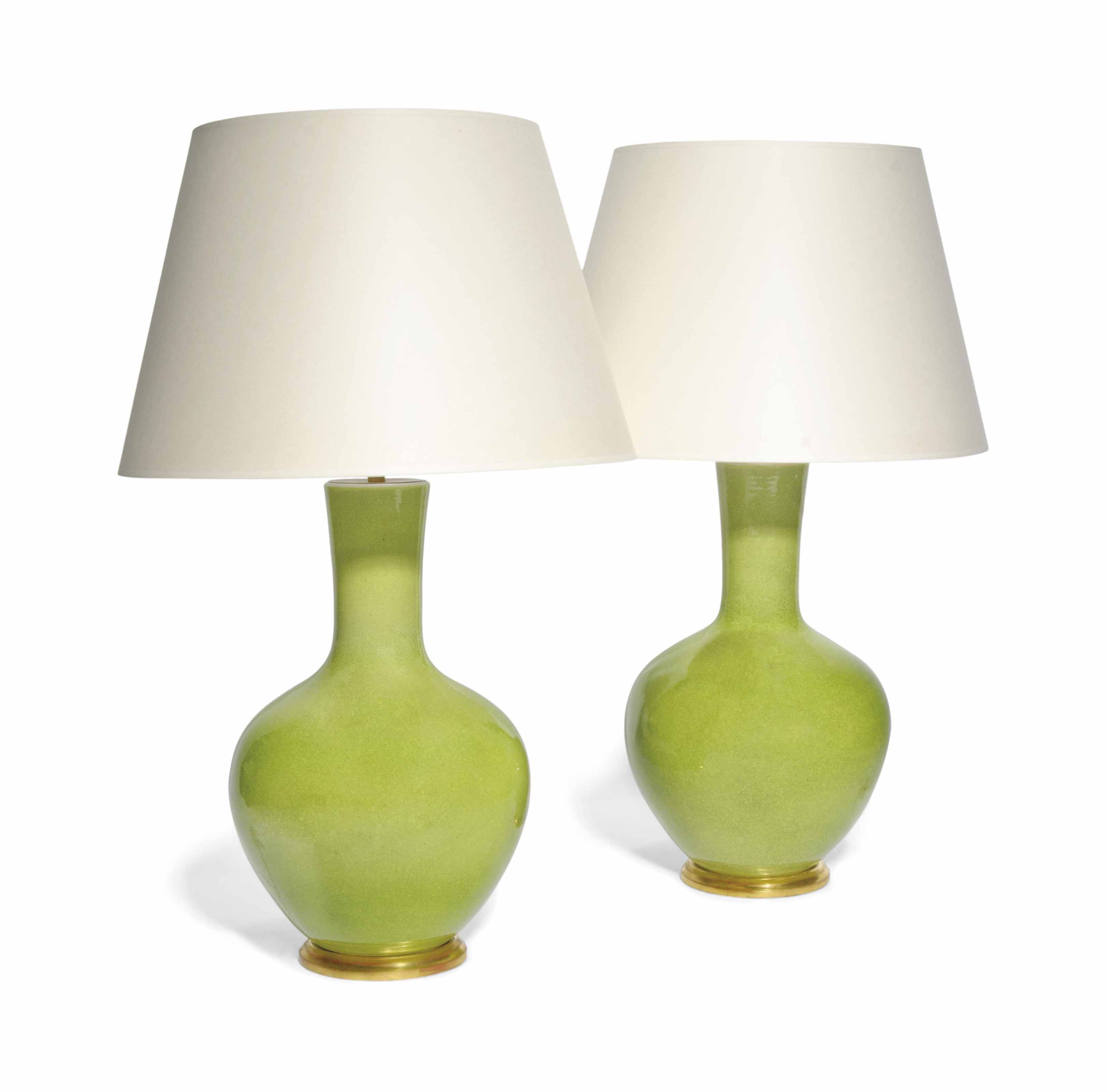 A PAIR OF APPLE GREEN CRACKLE GLAZED VASE TABLE LAMPS