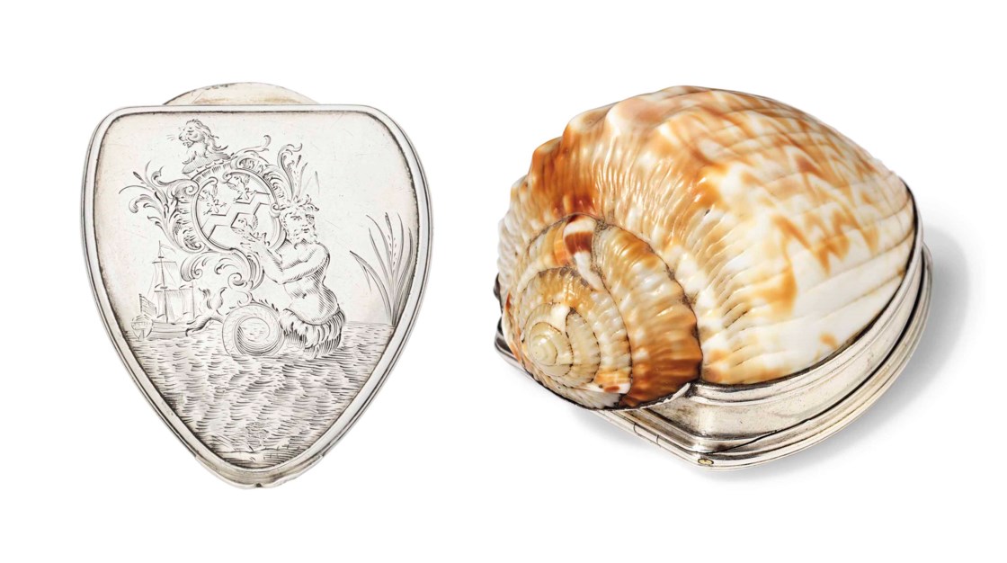 A George II silver-mounted shell snuff box, London, circa 1740, with ...