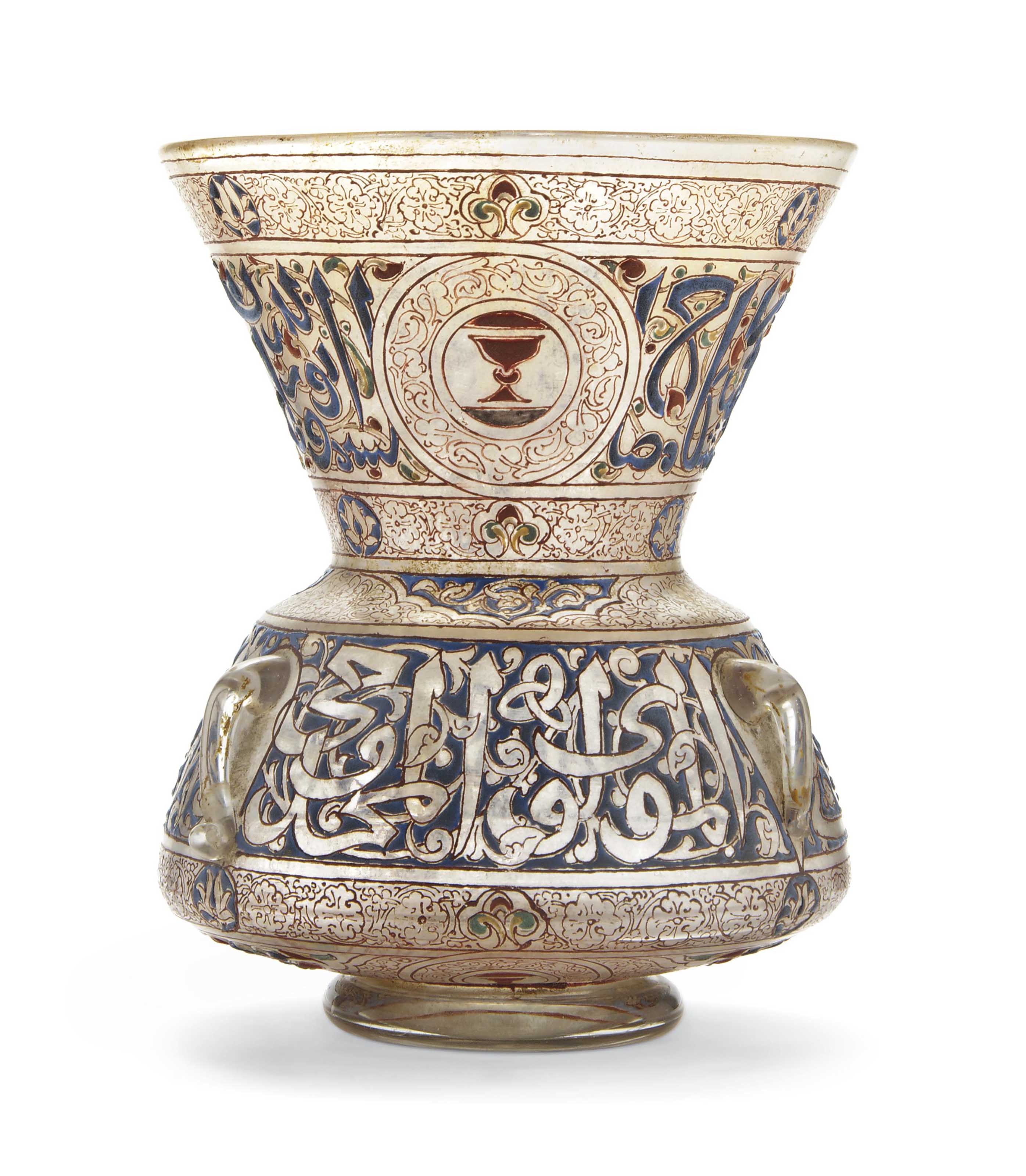 A Mamluk Style Enamelled Clear Glass Mosque Lamp Possibly
