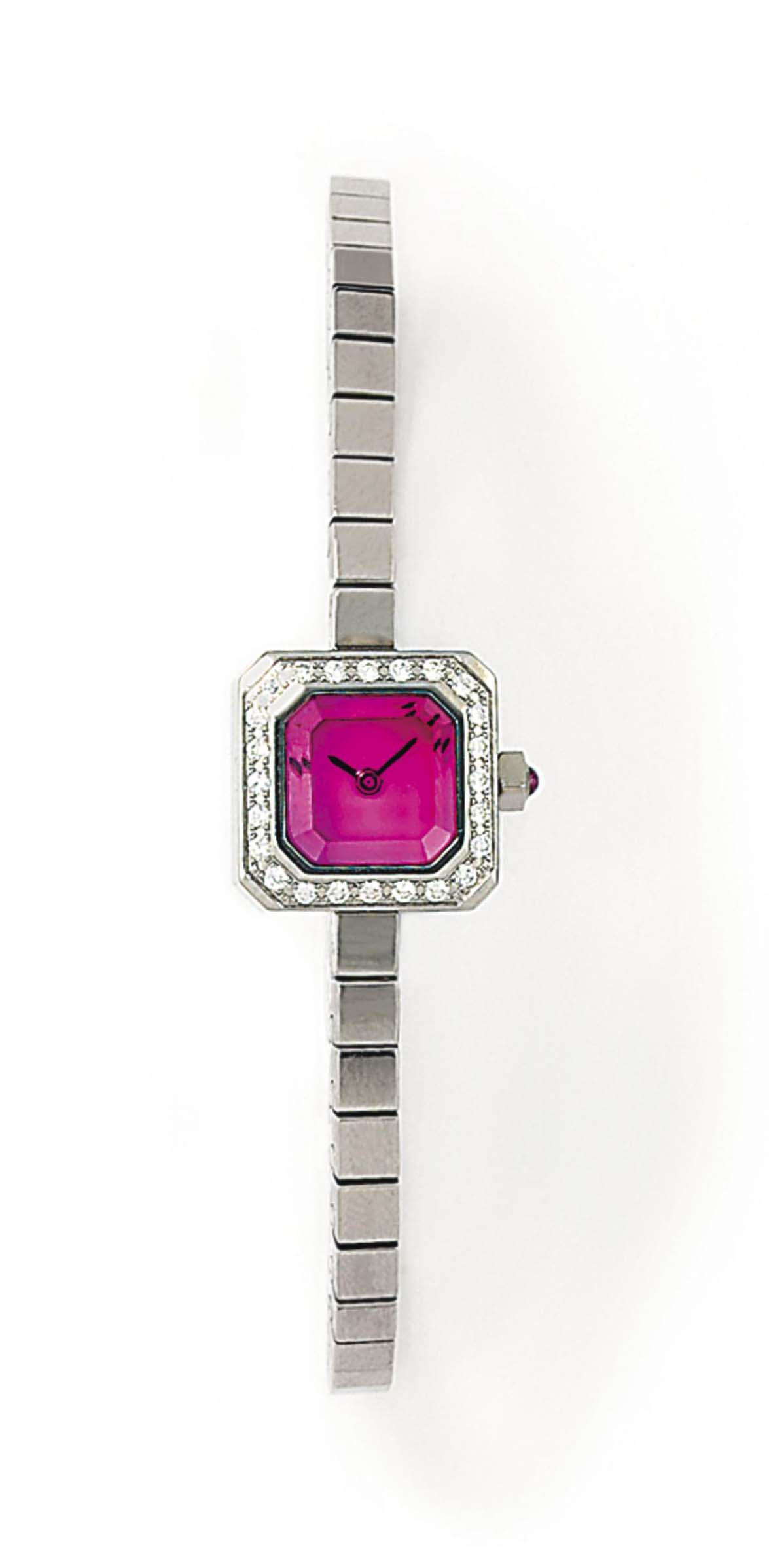 A STAINLESS STEEL DIAMOND-SET 'SUGAR CUBE' QUARTZ WRISTWATCH, BY CORUM