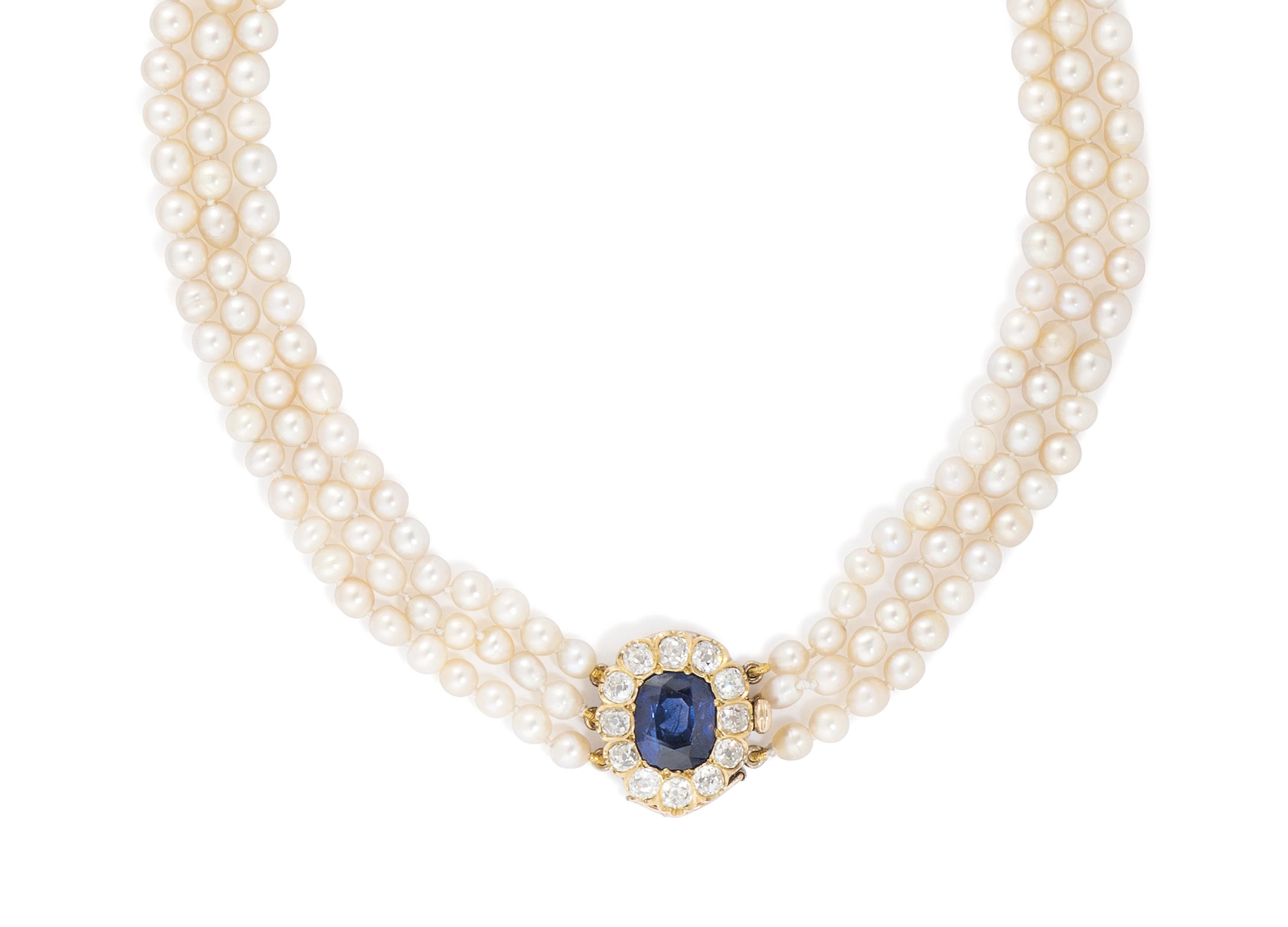 A NATURAL PEARL, SAPPHIRE AND DIAMOND NECKLACE Christie's