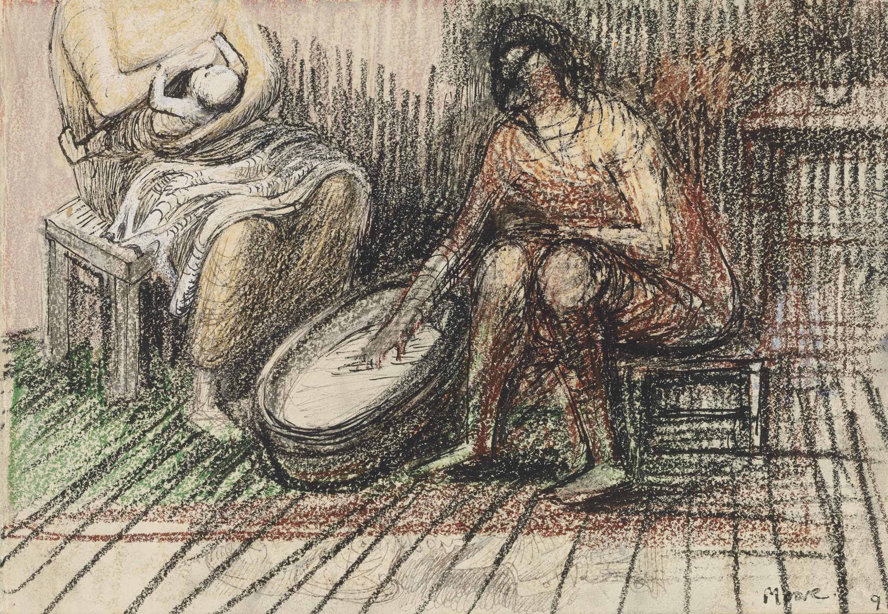 Two Women Bathing a Child