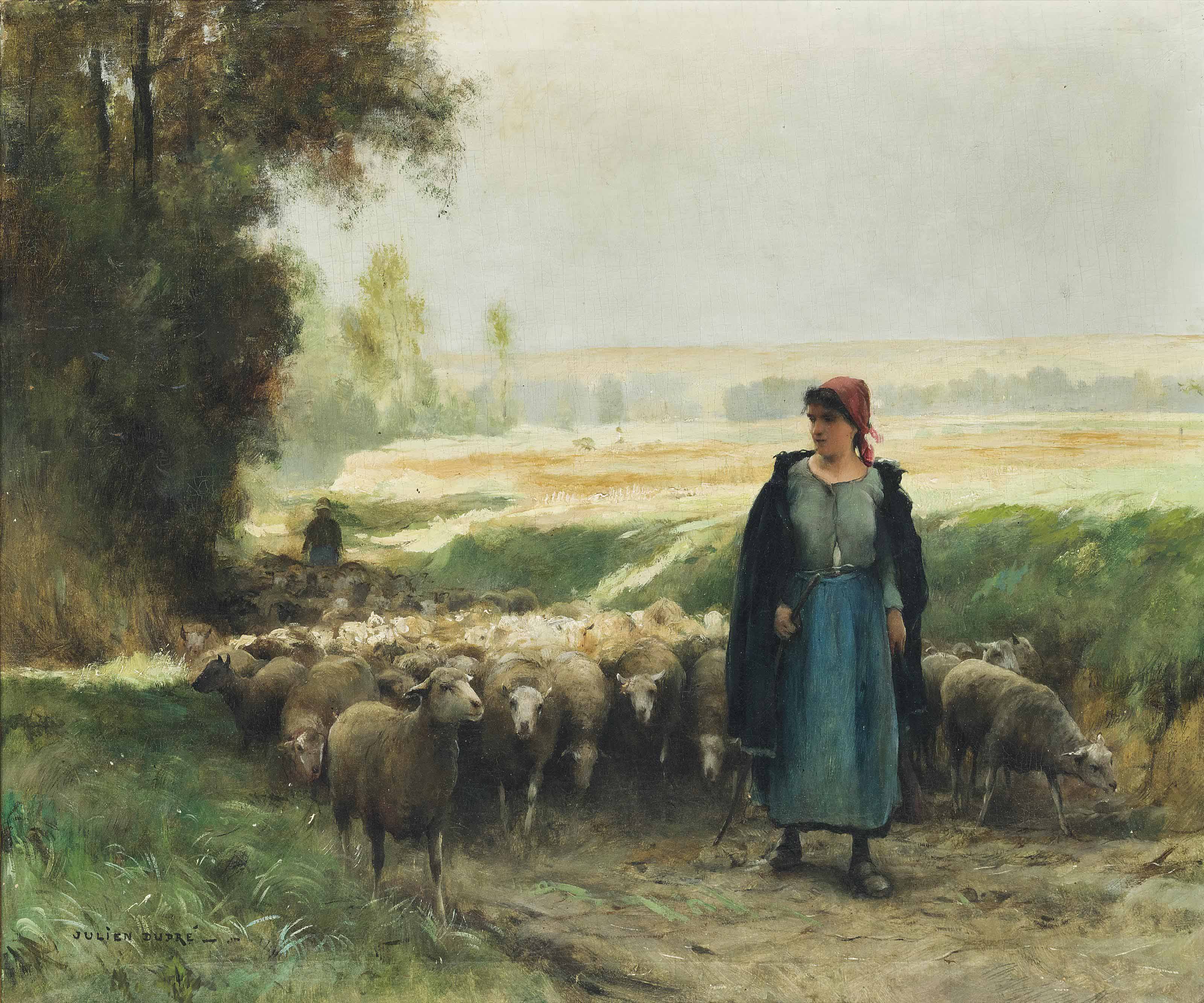 Julien Dupre French 1851 1910 A Shepherd Girl Guiding A Flock