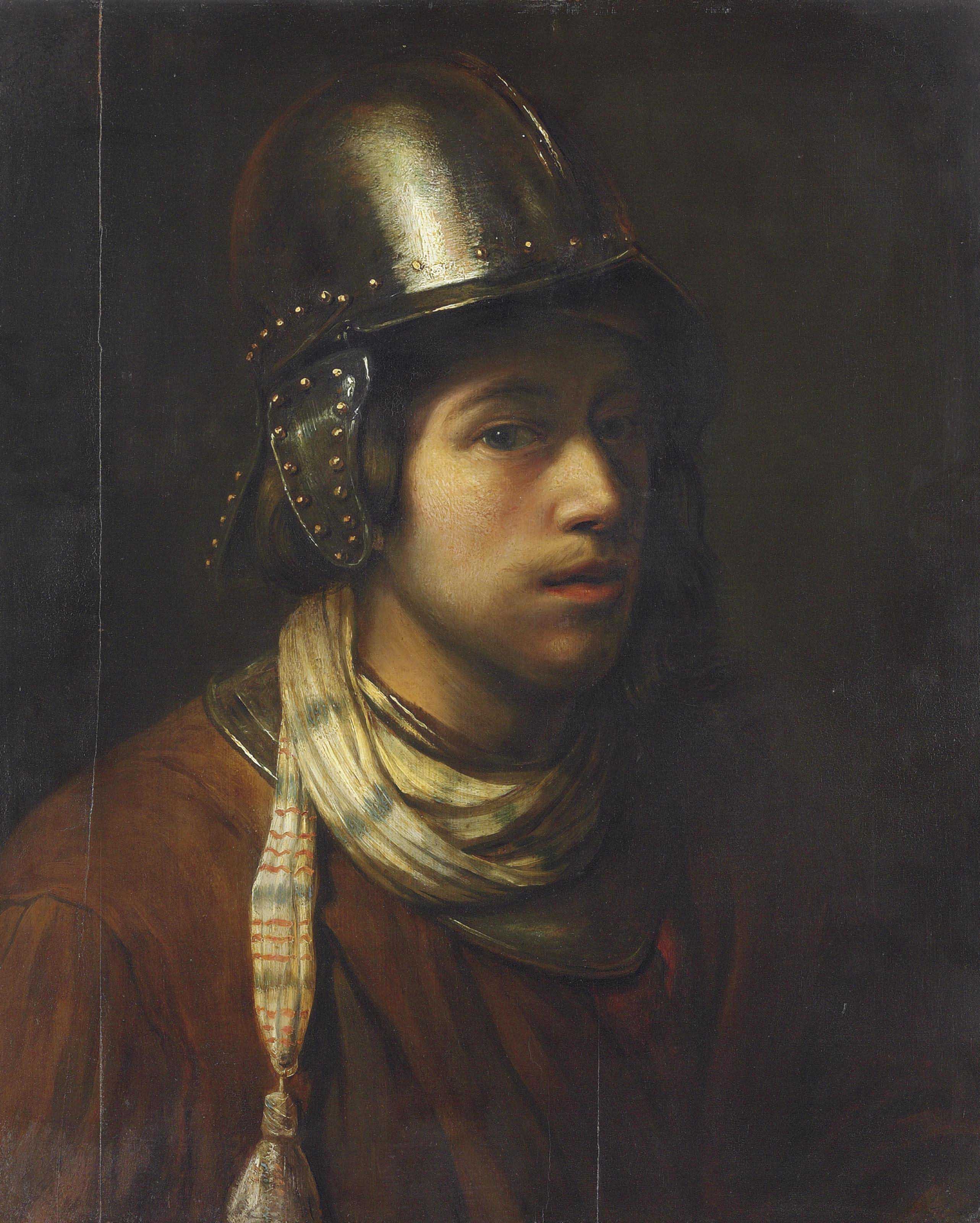 A tronie of a young man wearing a helmet