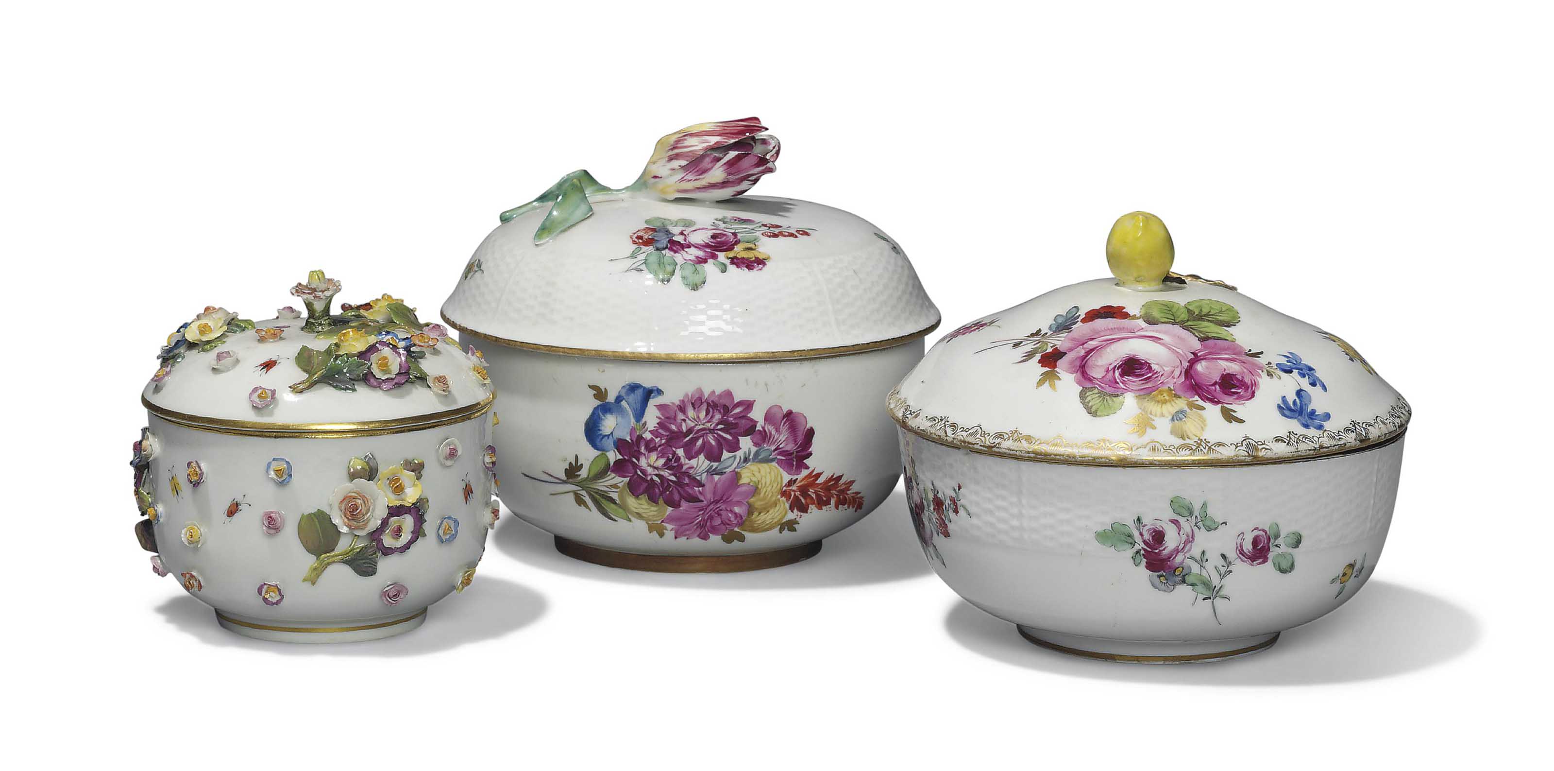TWO MEISSEN SUGAR BOWLS AND COVERS AND A SAMSON EXAMPLE , THE MARCOLINI