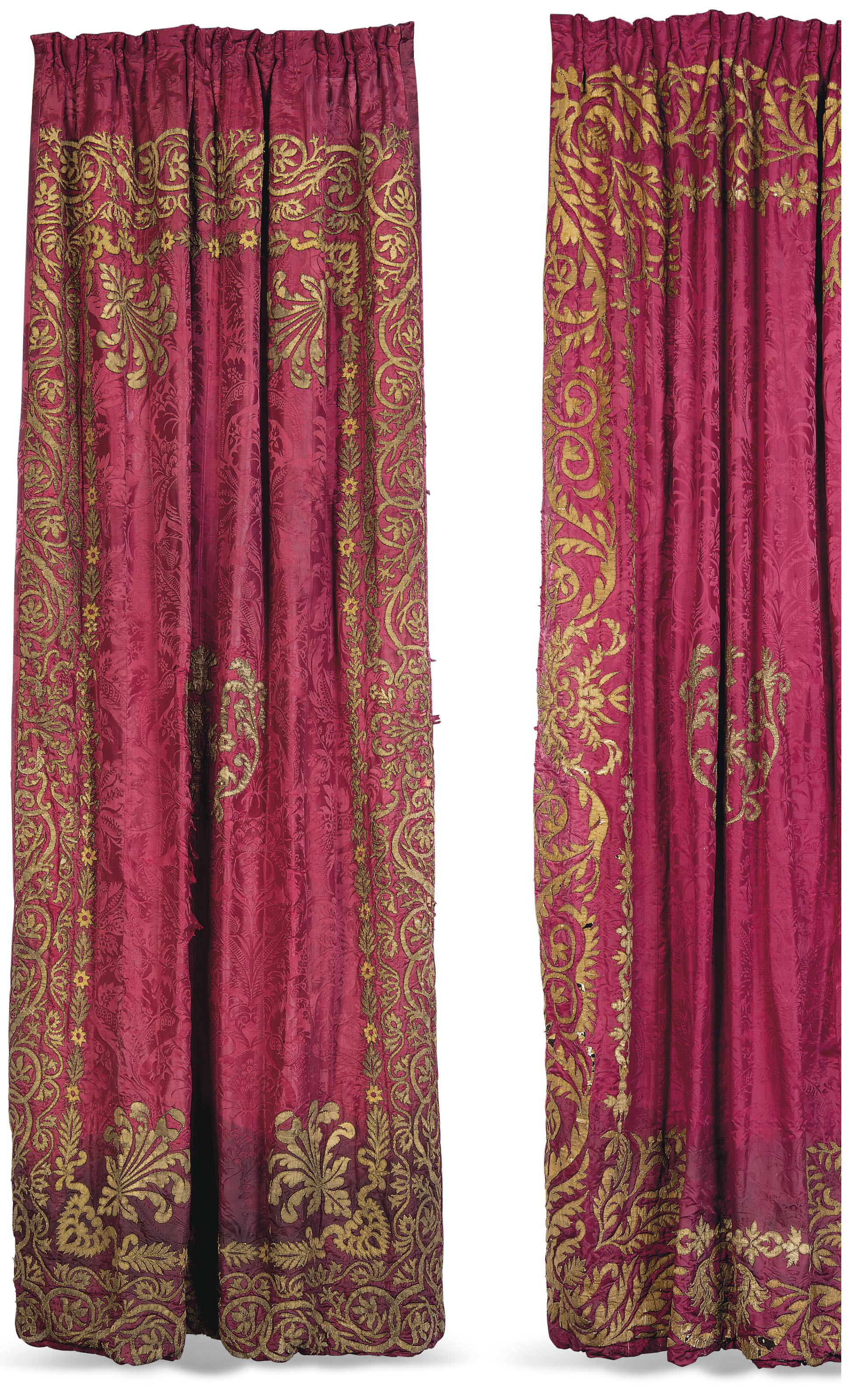 A PAIR OF UNUSUALLY LONG ITALIAN RED DAMASK AND GOLD APPLIQUE CURTAINS