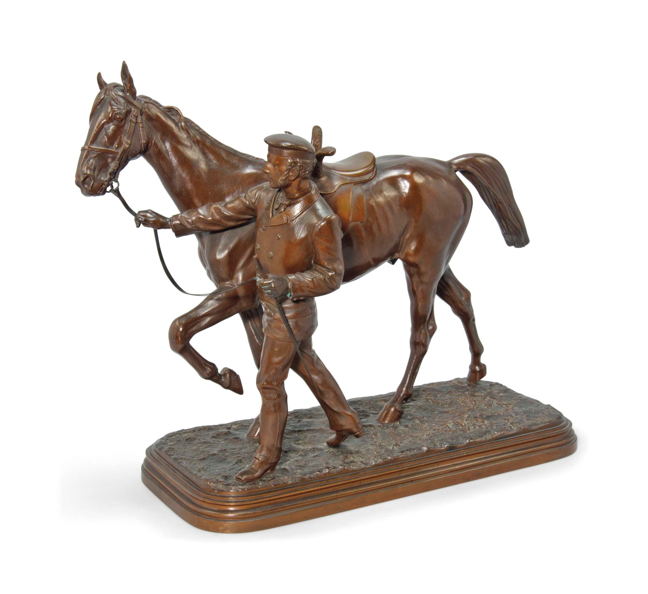 A FRENCH BRONZE MODEL OF HORSE AND GROOM