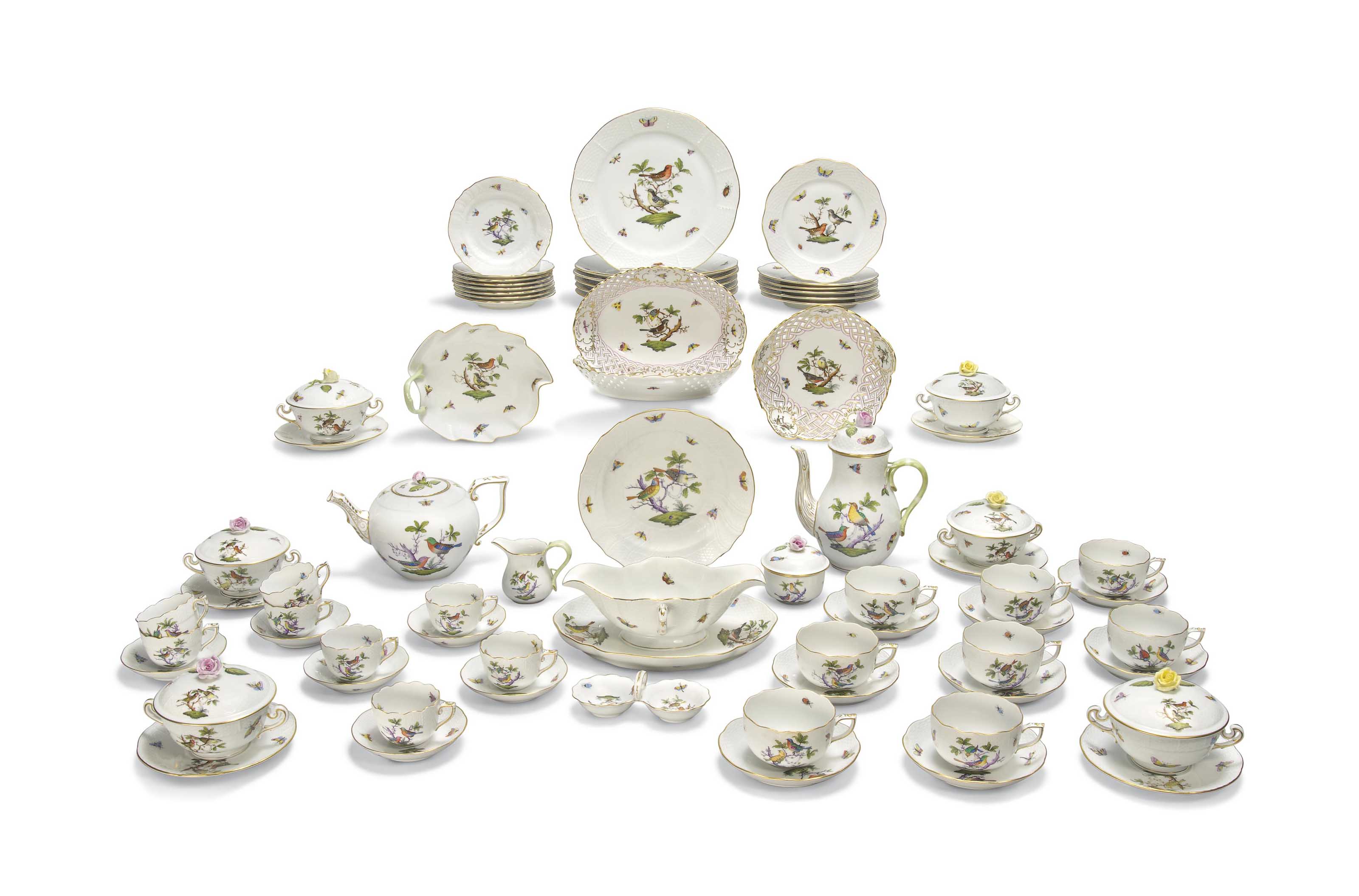 A COMPOSITE HEREND 'ROTHSCHILD BIRD' PATTERN PART DINNERSERVICE , MODERN, BLUE PRINTED AND