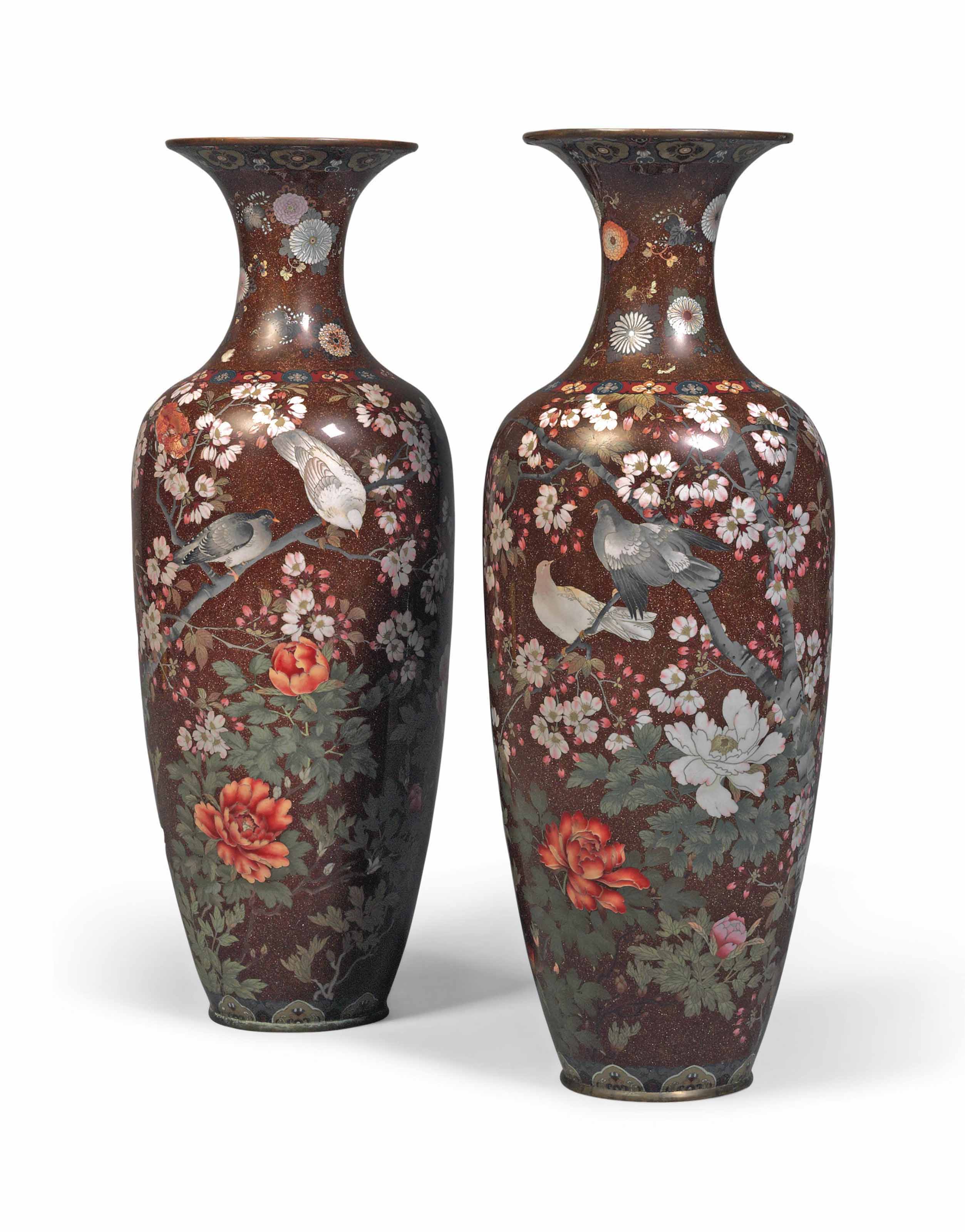 A PAIR OF LARGE JAPANESE CLOISONNE ENAMEL AND GOLDSTONE VASES , MEIJI