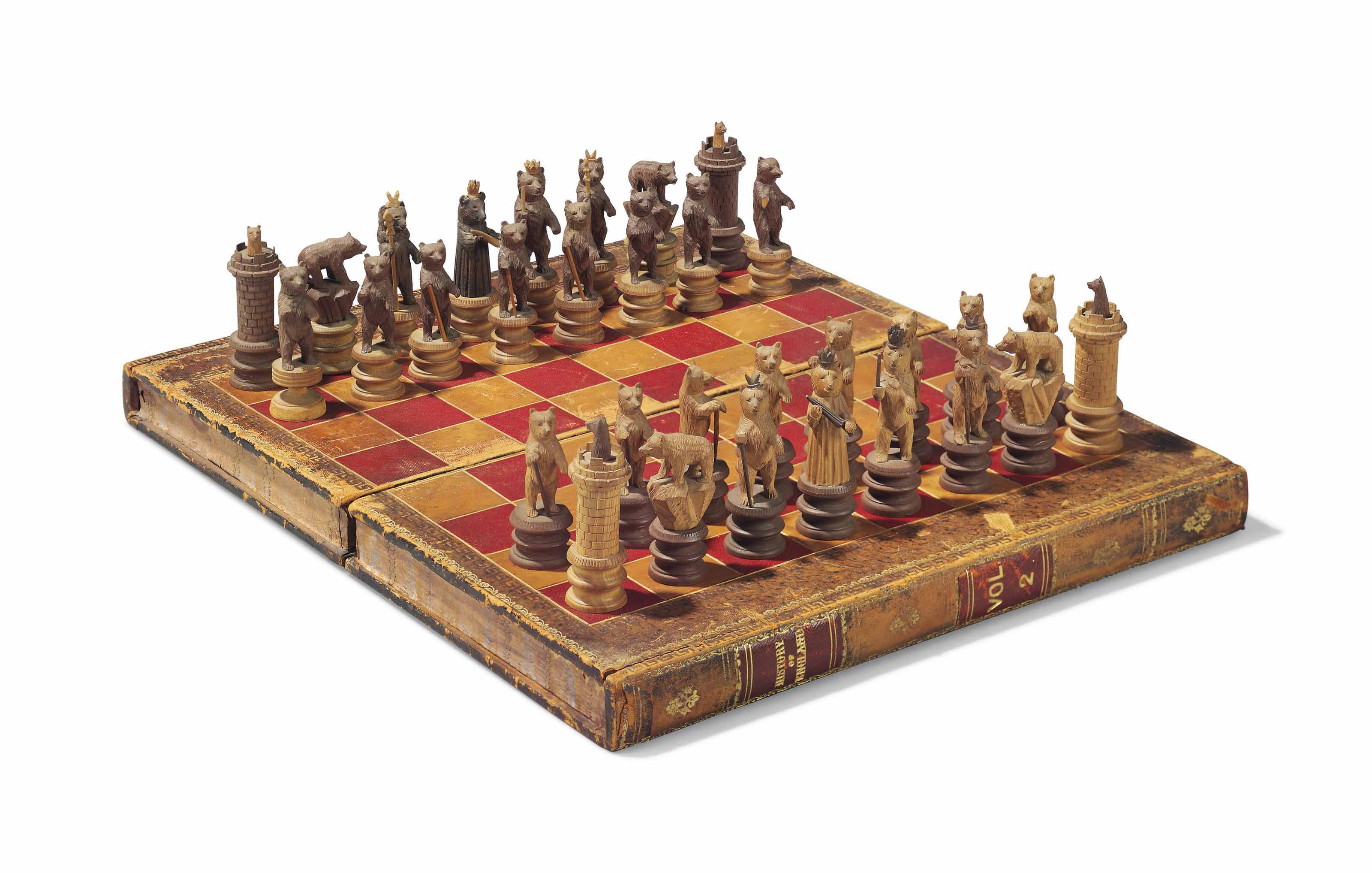 A SWISS CARVED SOFTWOOD 'BEARS OF BERNE' CHESS SET , LATE 19TH / EARLY