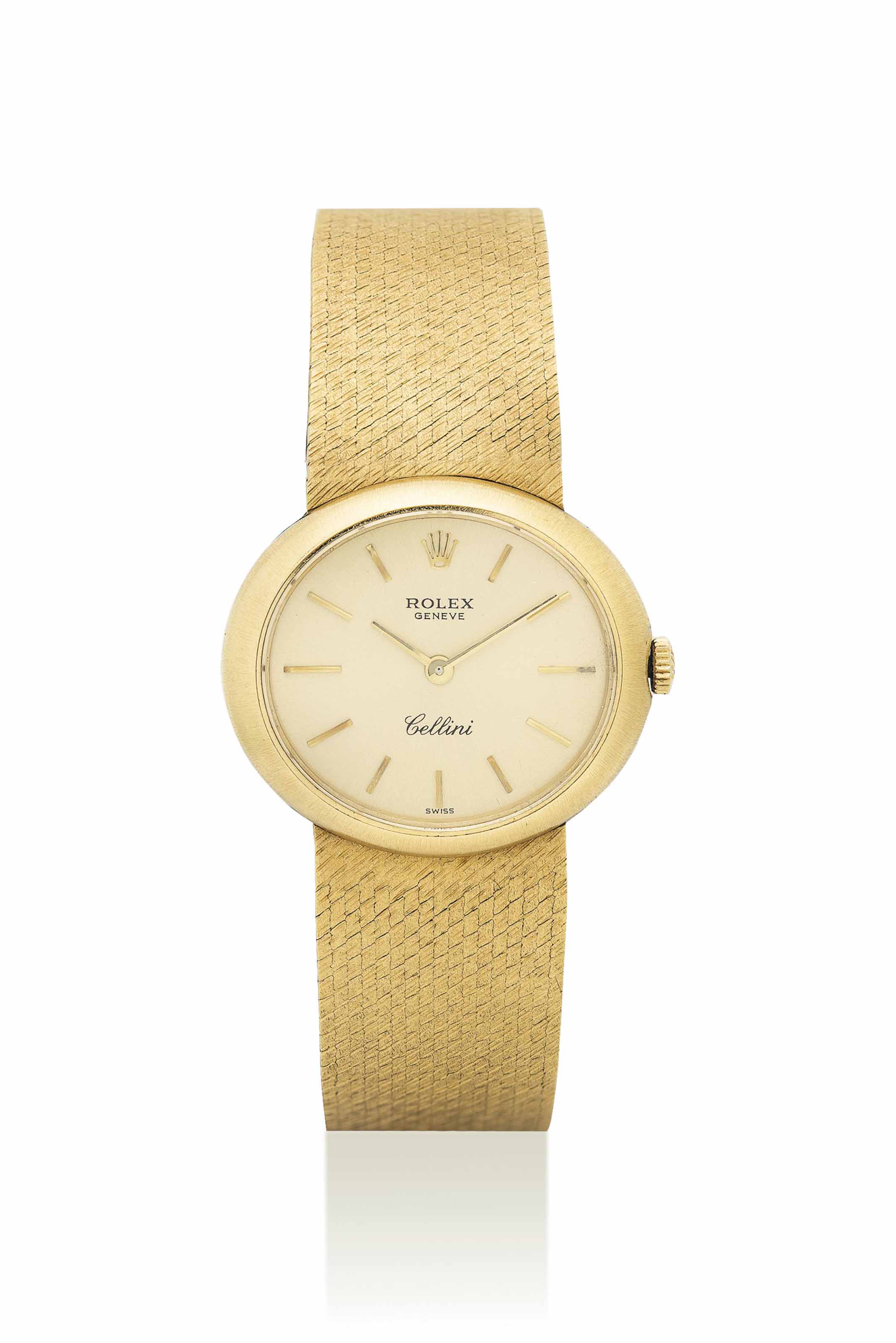 ROLEX. AN 18K GOLD BRACELET WATCH SIGNED ROLEX GENEVE CELLINI