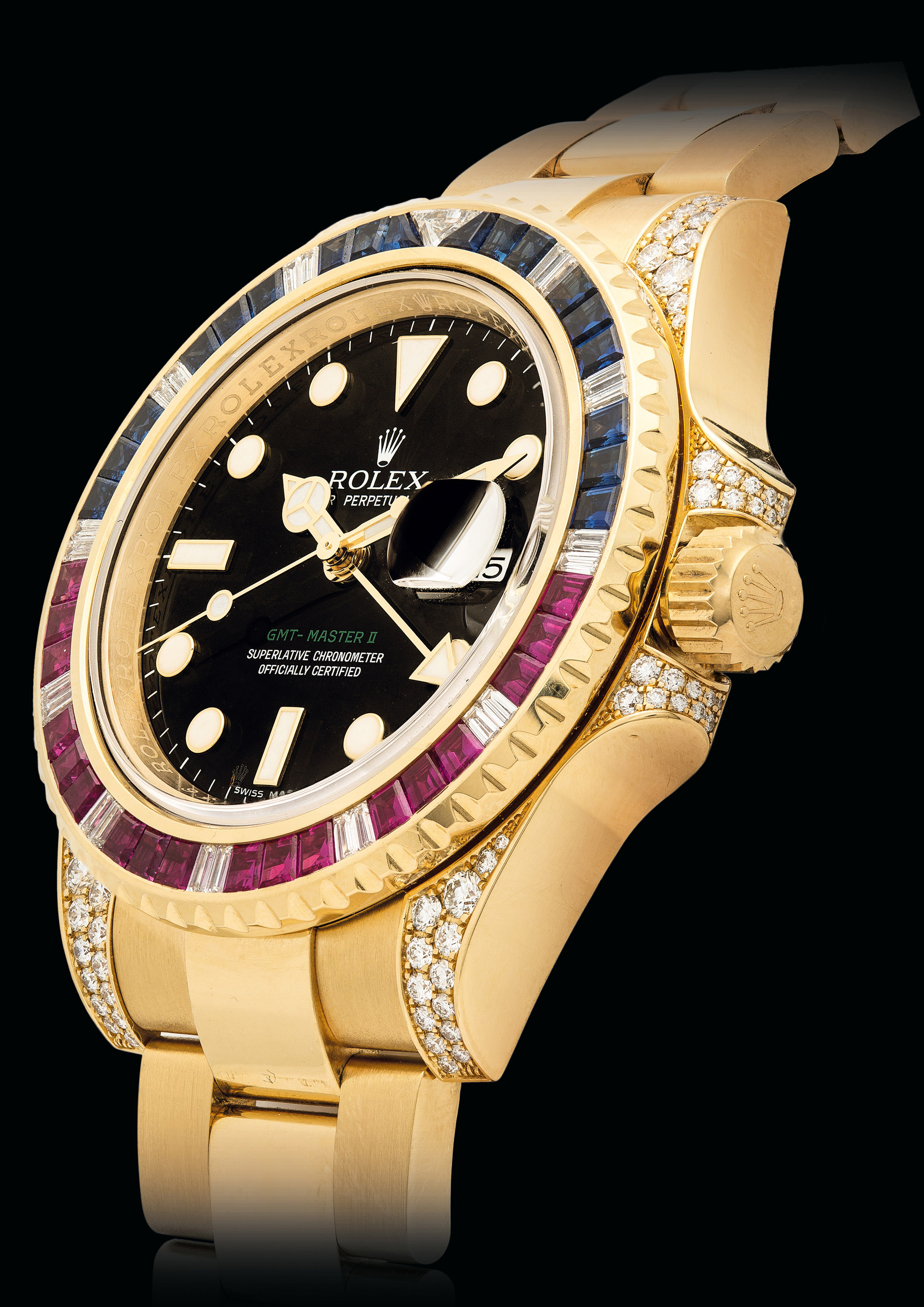 ROLEX. A VERY FINE AND RARE 18K GOLD, DIAMOND, SAPPHIRE AND RUBYSET