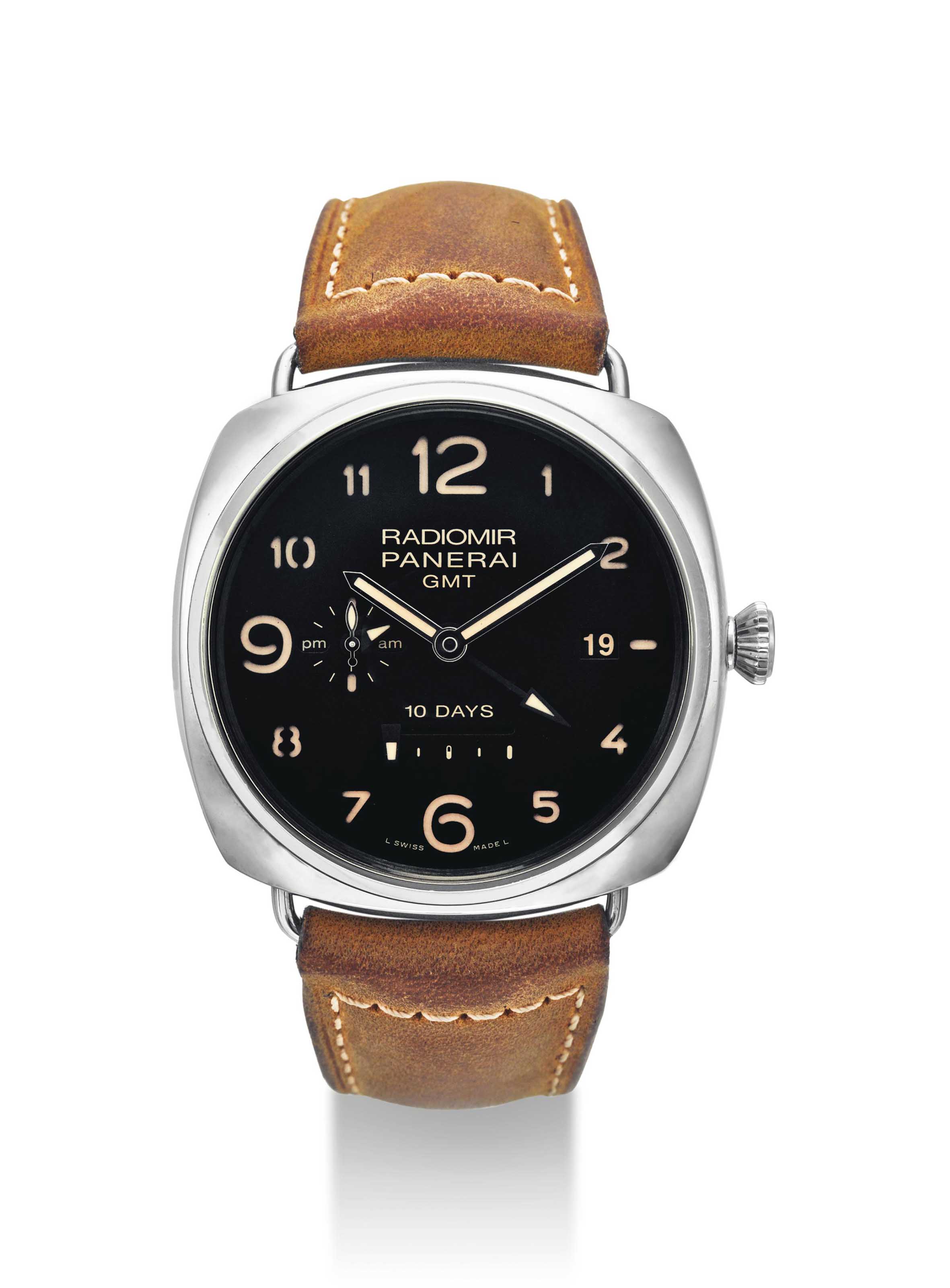 Panerai A Stainless Steel Limited Edition Cushion Shaped Automatic Dual Time Wristwatch With 10 Day Power Reserve Date Am And Pm Indication Made For The Istanbul Boutique Signed Panerai Radiomir 10 Days