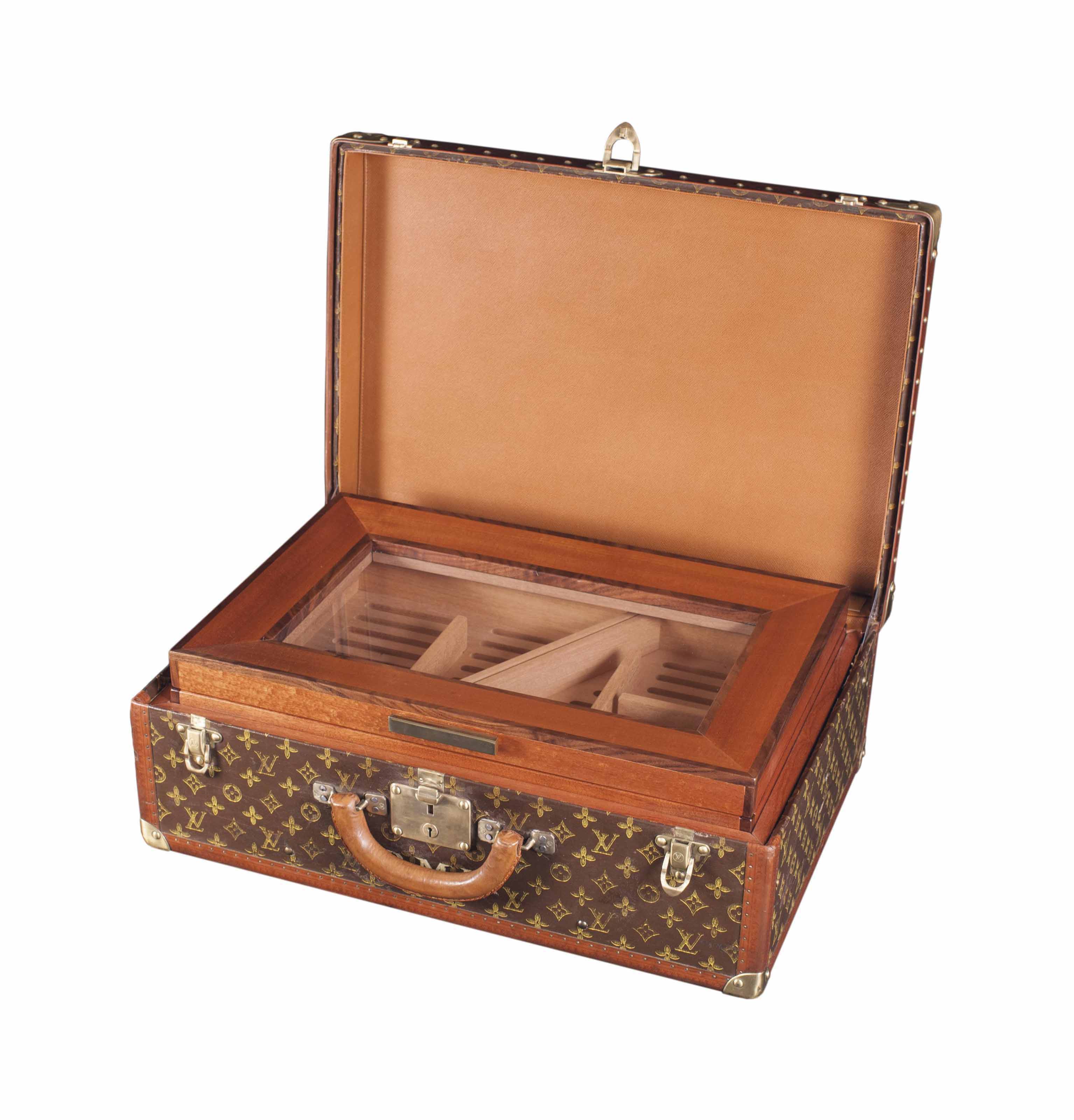LOUIS VUITTON. A FINE VINTAGE SUITCASE MODIFIED AS HUMIDOR CIGAR BOX