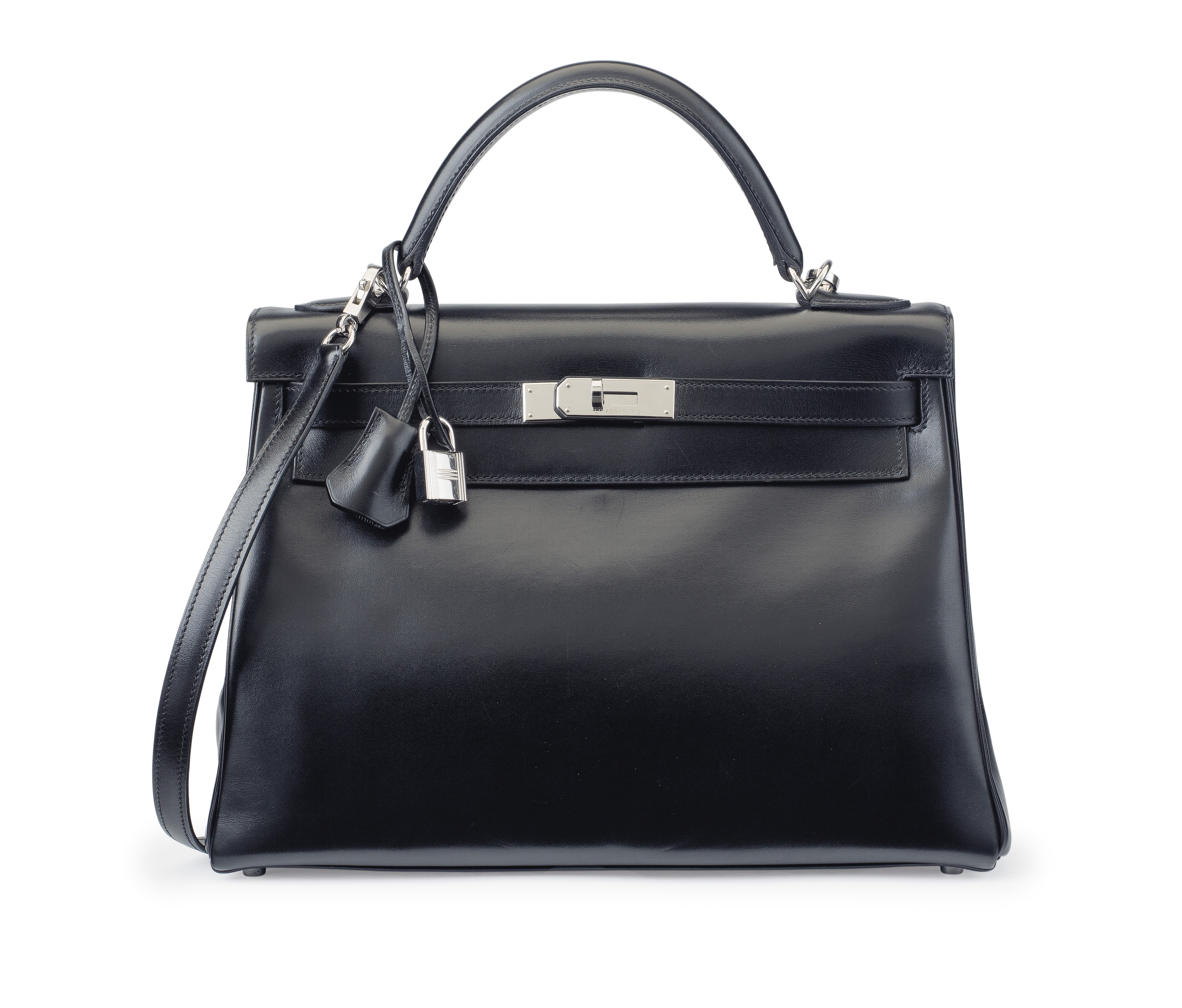 A 32CM BLACK CALFBOX LEATHER RETOURNE KELLY BAG, HERMÈS, 1992