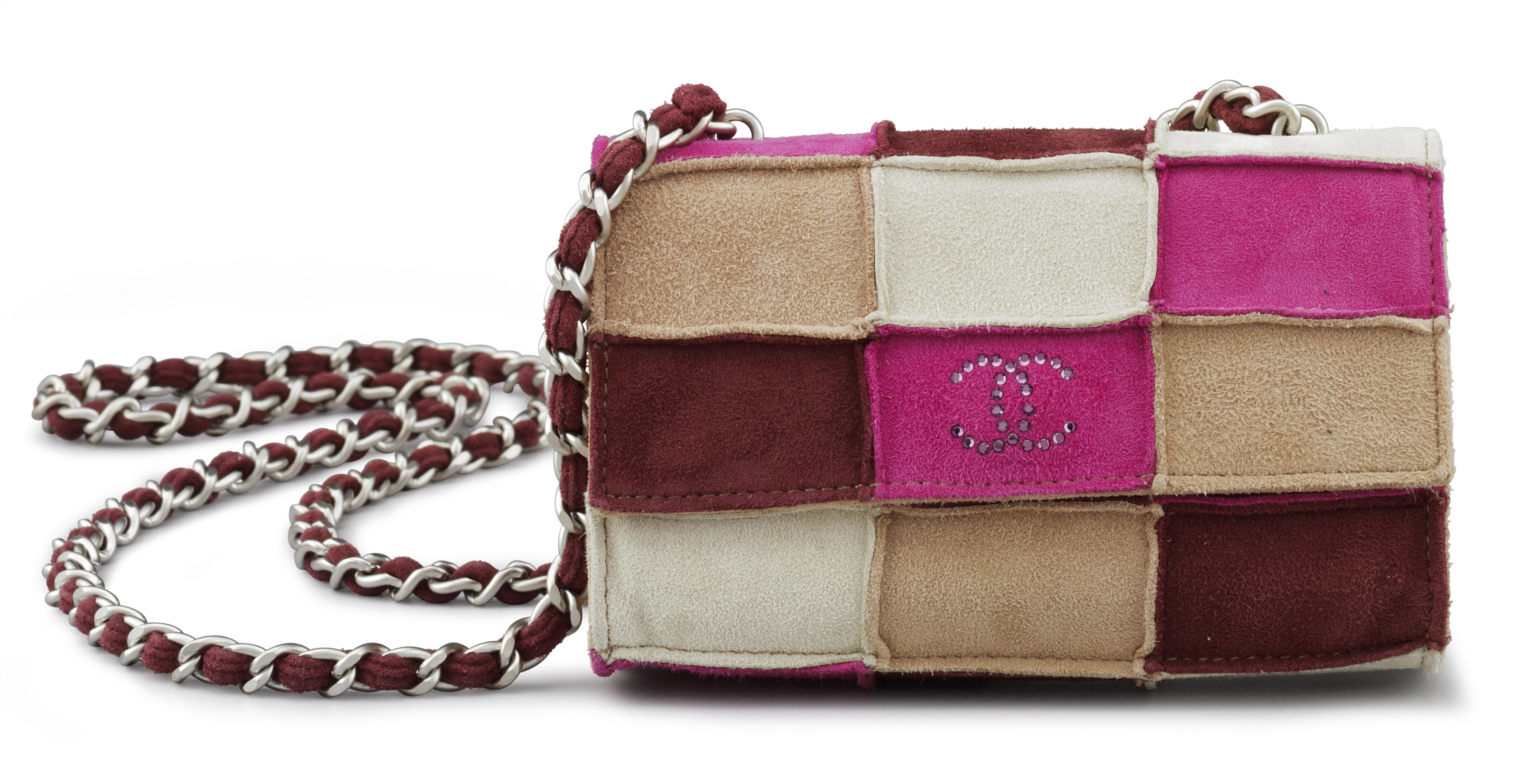 A PINK & MAUVE SUEDE PATCHWORK MINI FLAP BAG WITH CRYSTAL LOGO