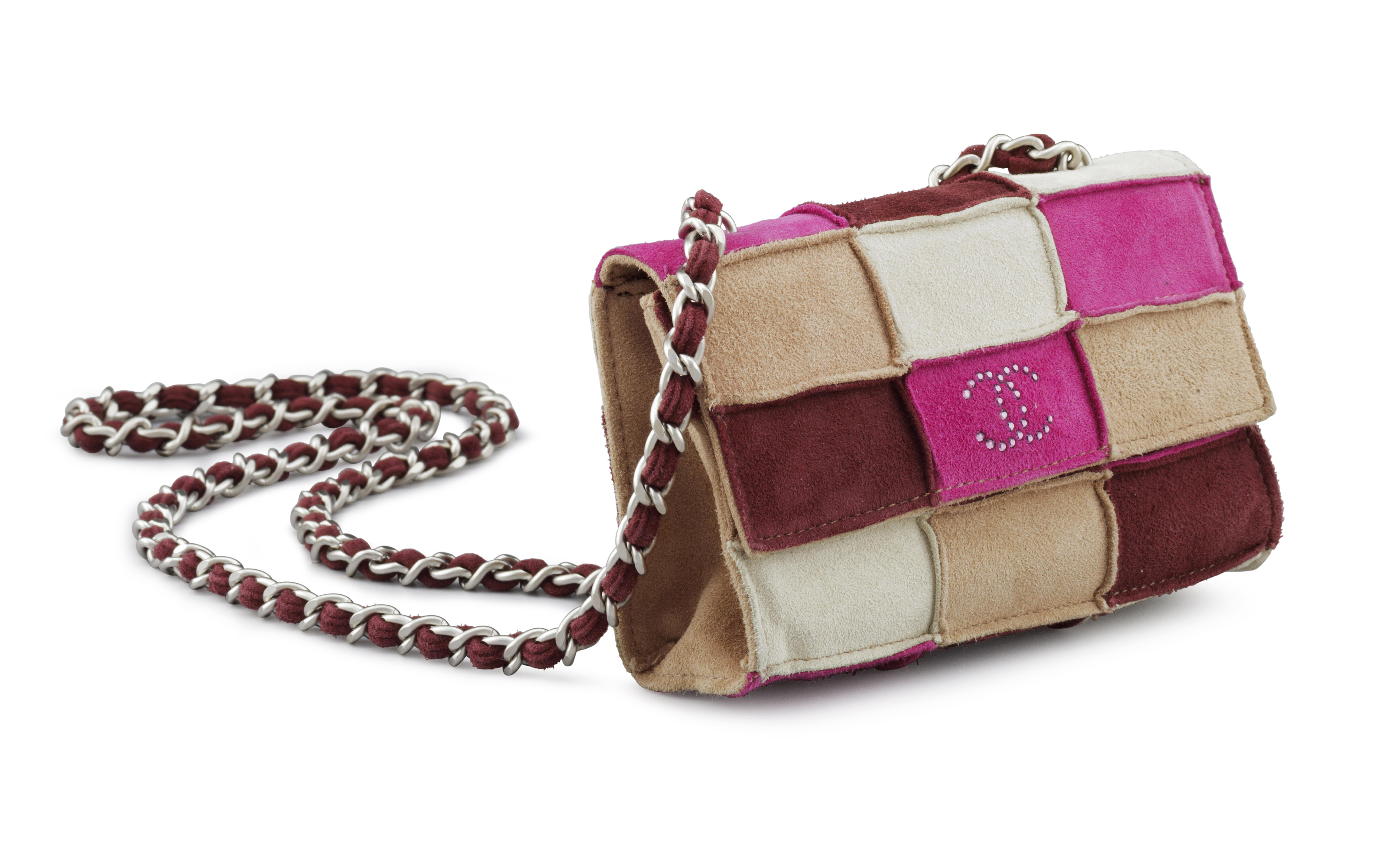 ミュージシャン 373 ENAMEL LIVE BAG (BURGUNDY) A PINK & MAUVE SUEDE PATCHWORK MINI FLAP BAG WITH CRYSTAL