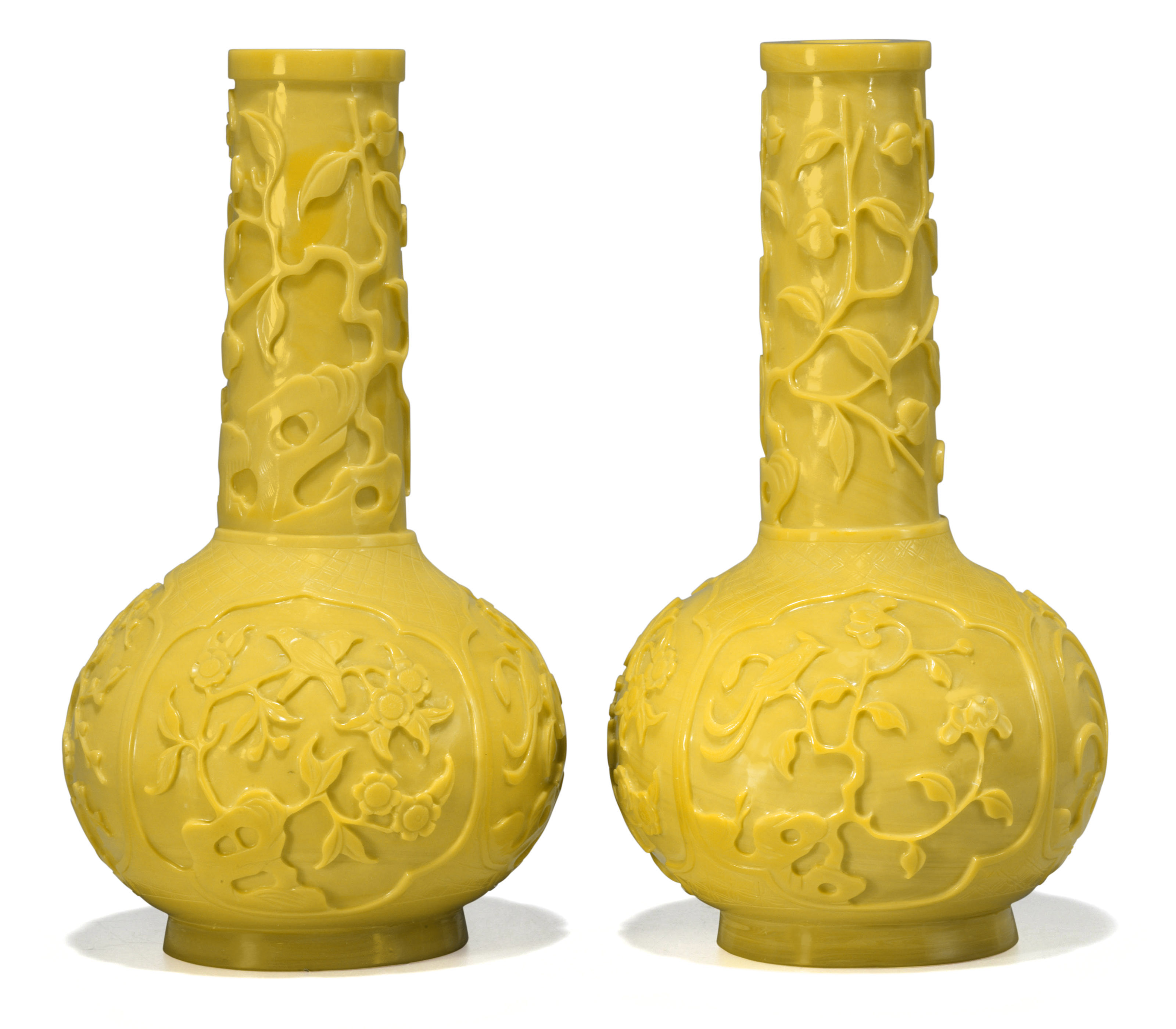A PAIR OF OPAQUE LEMONYELLOW GLASS BOTTLE VASES, CHINA, 19TH CENTURY