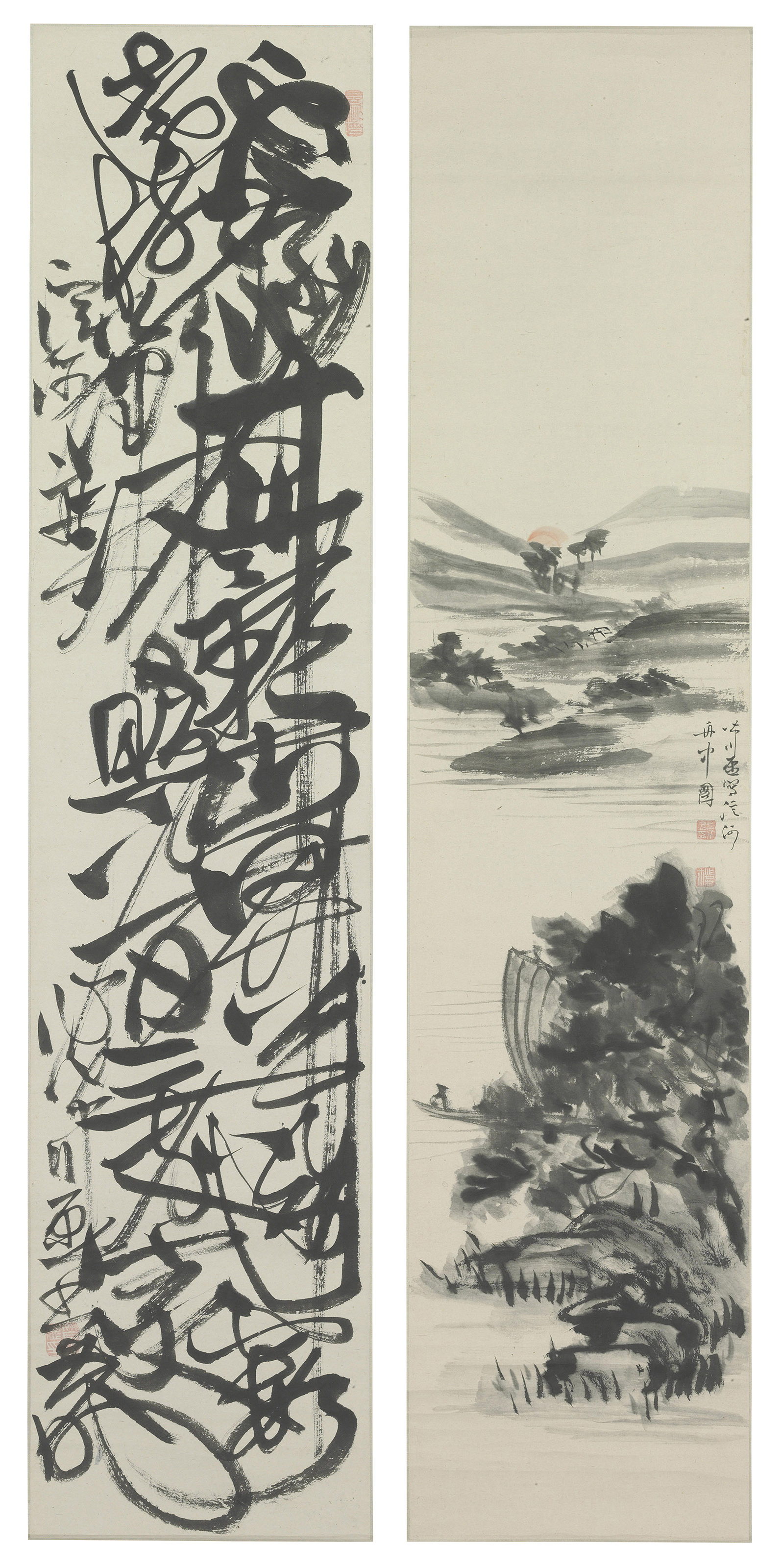 皆川淇园淀川水墨纸本立轴一对, Landscape and Calligraphy: Yodo