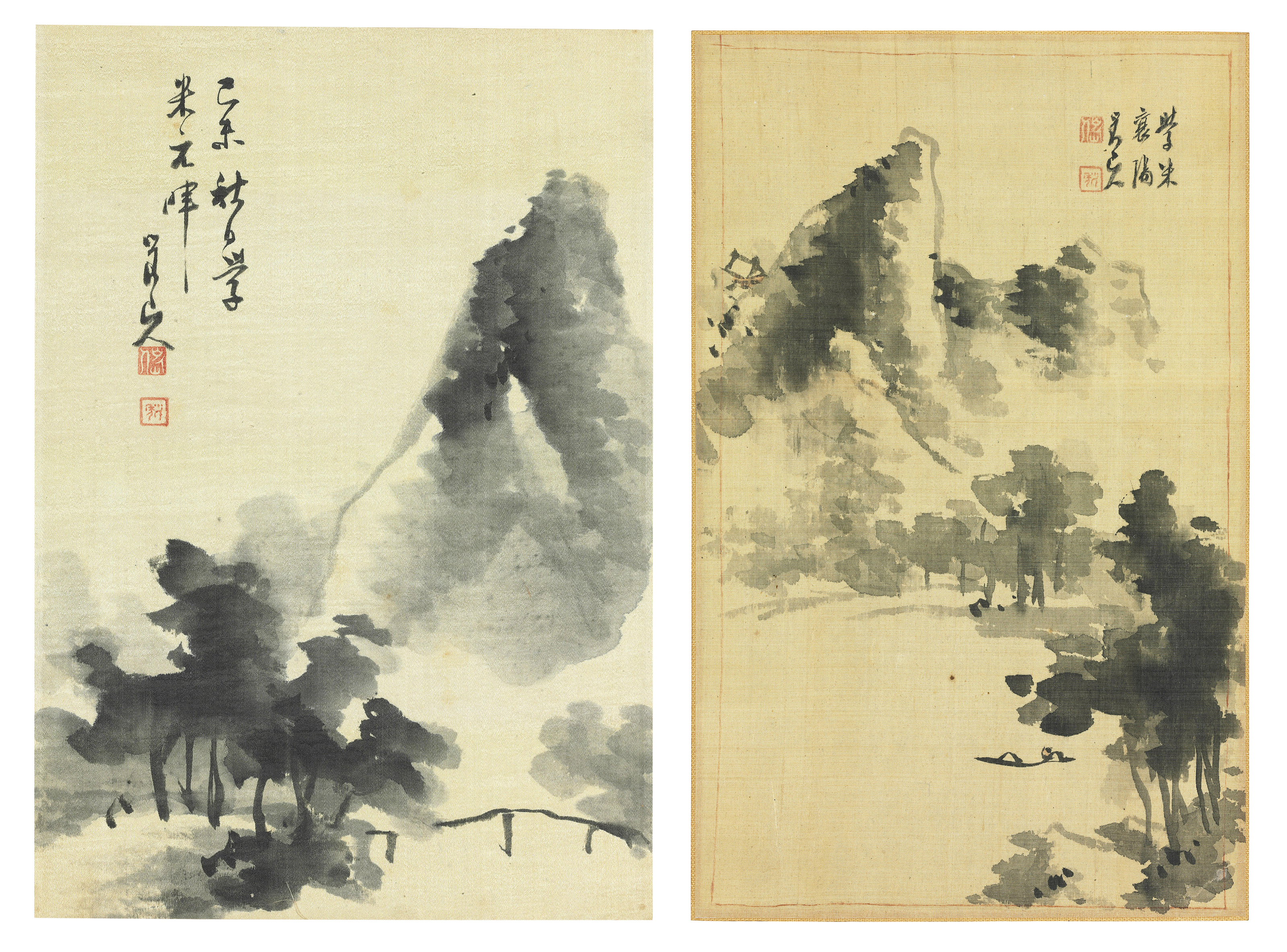 平野五岳山水水墨絹本立軸四幅, Miniature Landscapes | Christie's