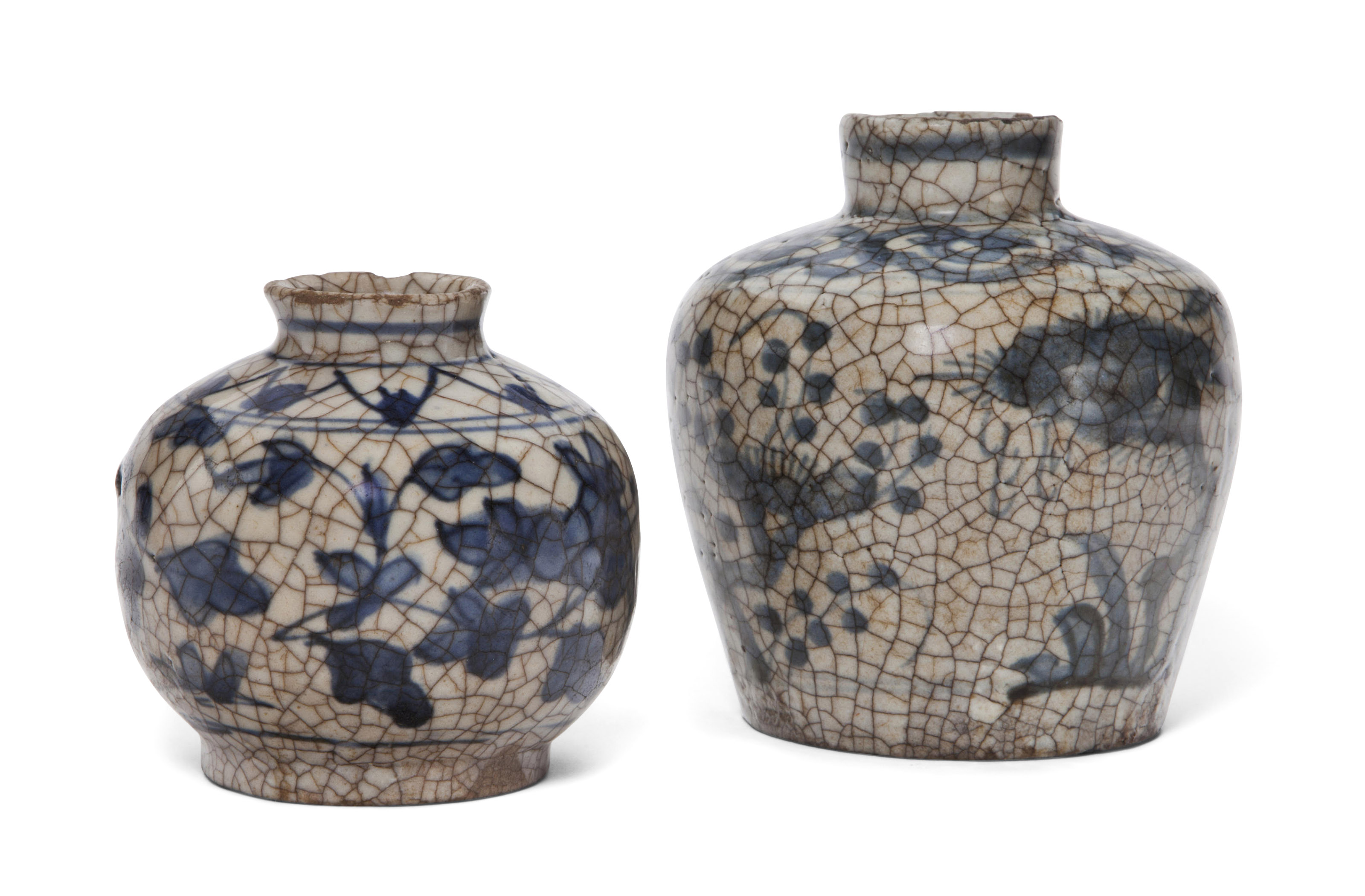 TWO SMALL UNDERGLAZEBLUEDECORATED CRACKLEGLAZED JARS, MING DYNASTY