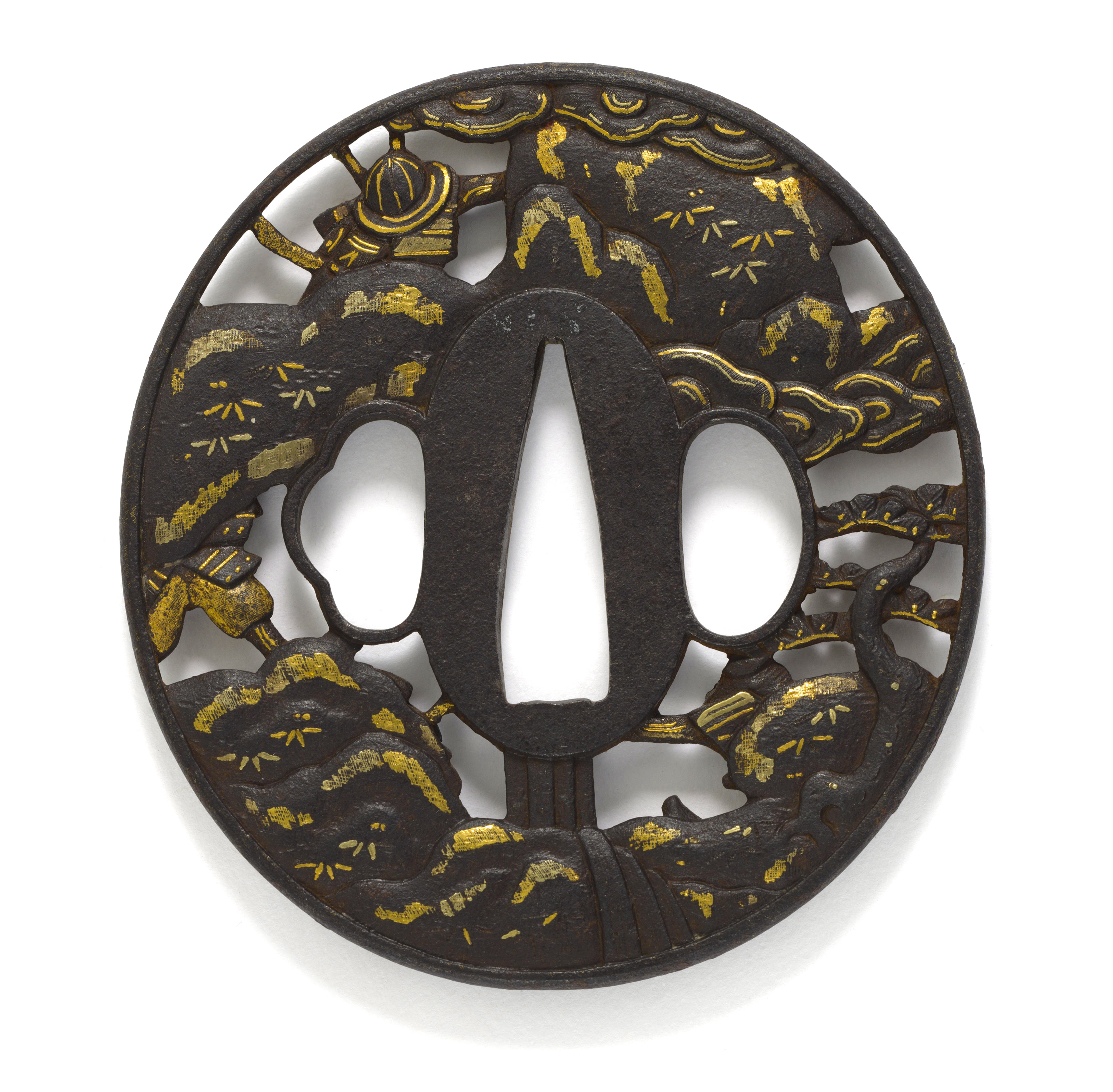 A ROUND IRON TSUBA, SIGNED MOGARASHI NYUDO SOTEN SEI, EDO