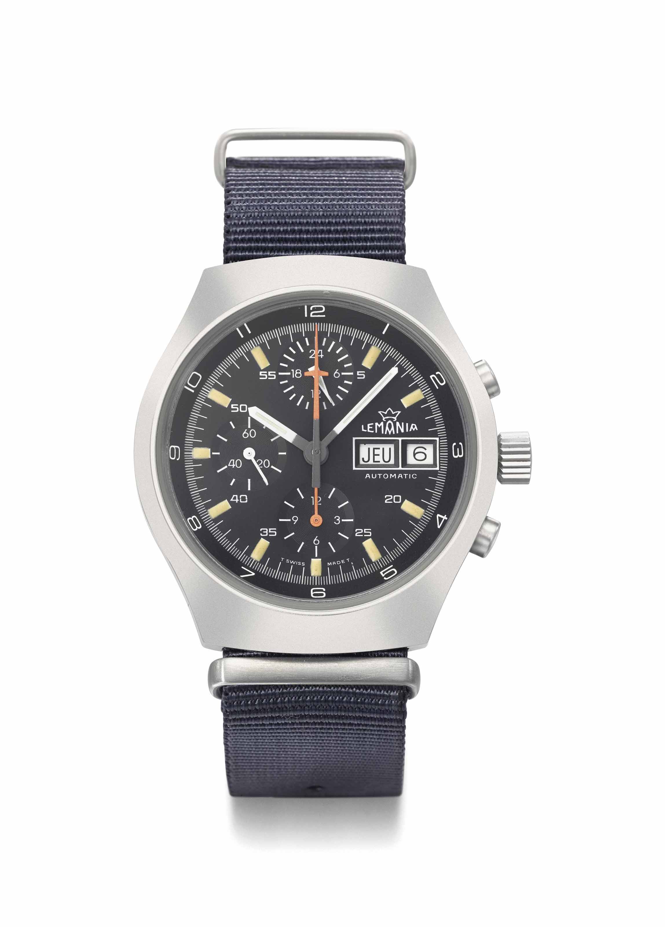 Lemania. A stainless steel automatic chronograph wristwatch with day