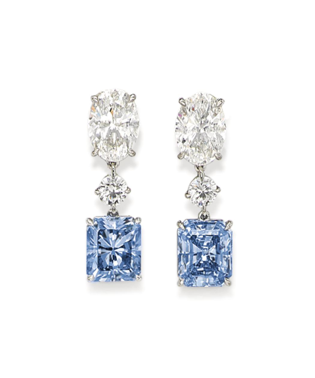 A RARE PAIR OF DIAMOND AND COLOURED DIAMOND EARRINGS