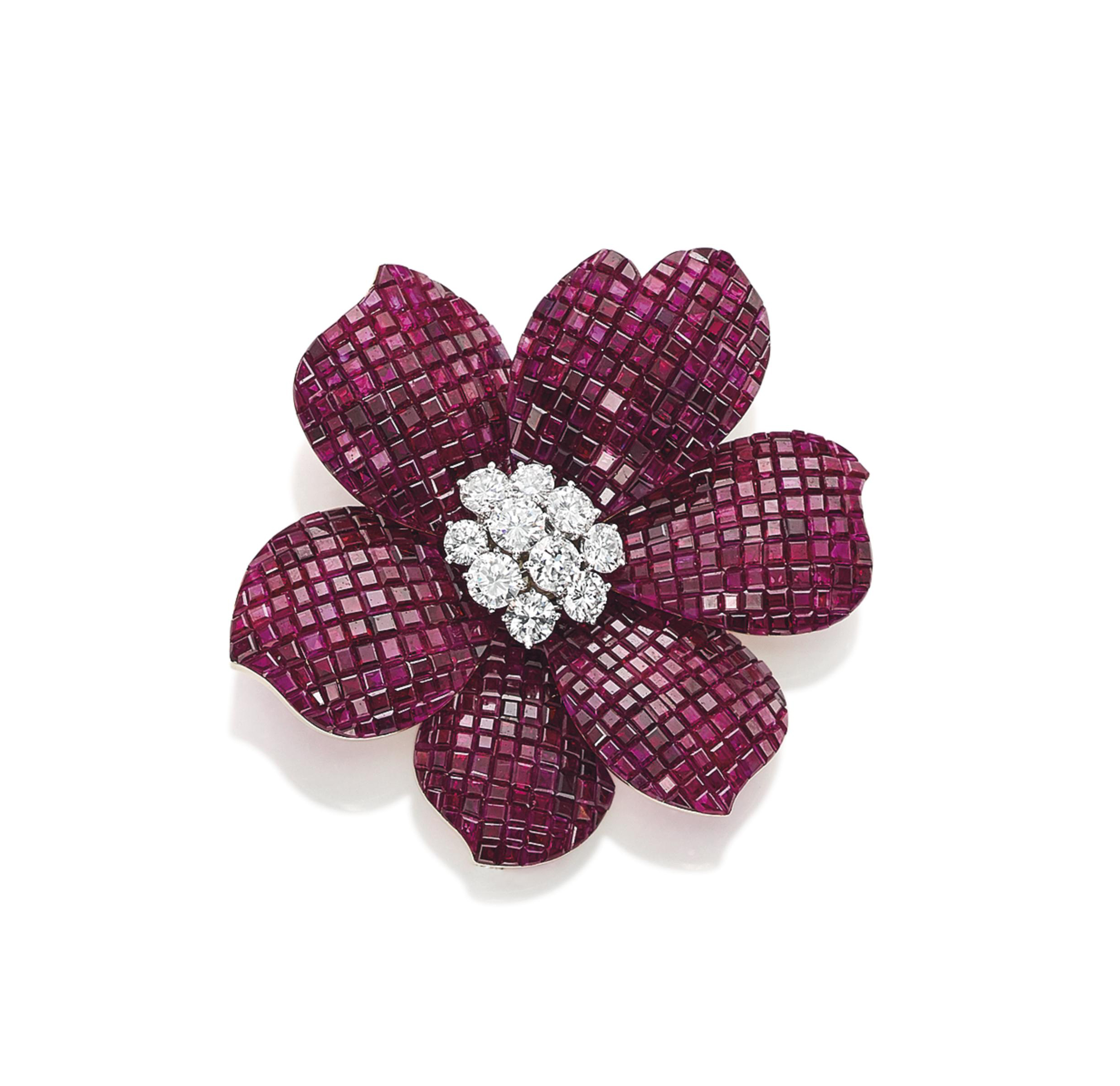 A 'MYSTERYSET' RUBY AND DIAMOND FLOWER BROOCH, BY VAN CLEEF & ARPELS