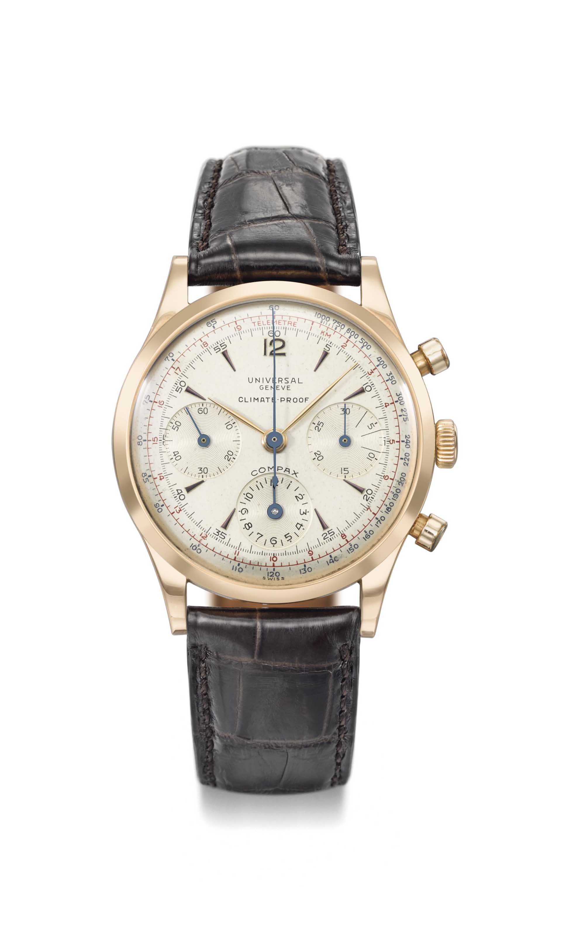 Universal. A very rare large and attractive 18K gold chronograph wristwatch with multi scale dial Signed Universal Geneve Climate Proof Compax ref. 124 113 case no. 1 573 424 manufactured in 1952 Chri...