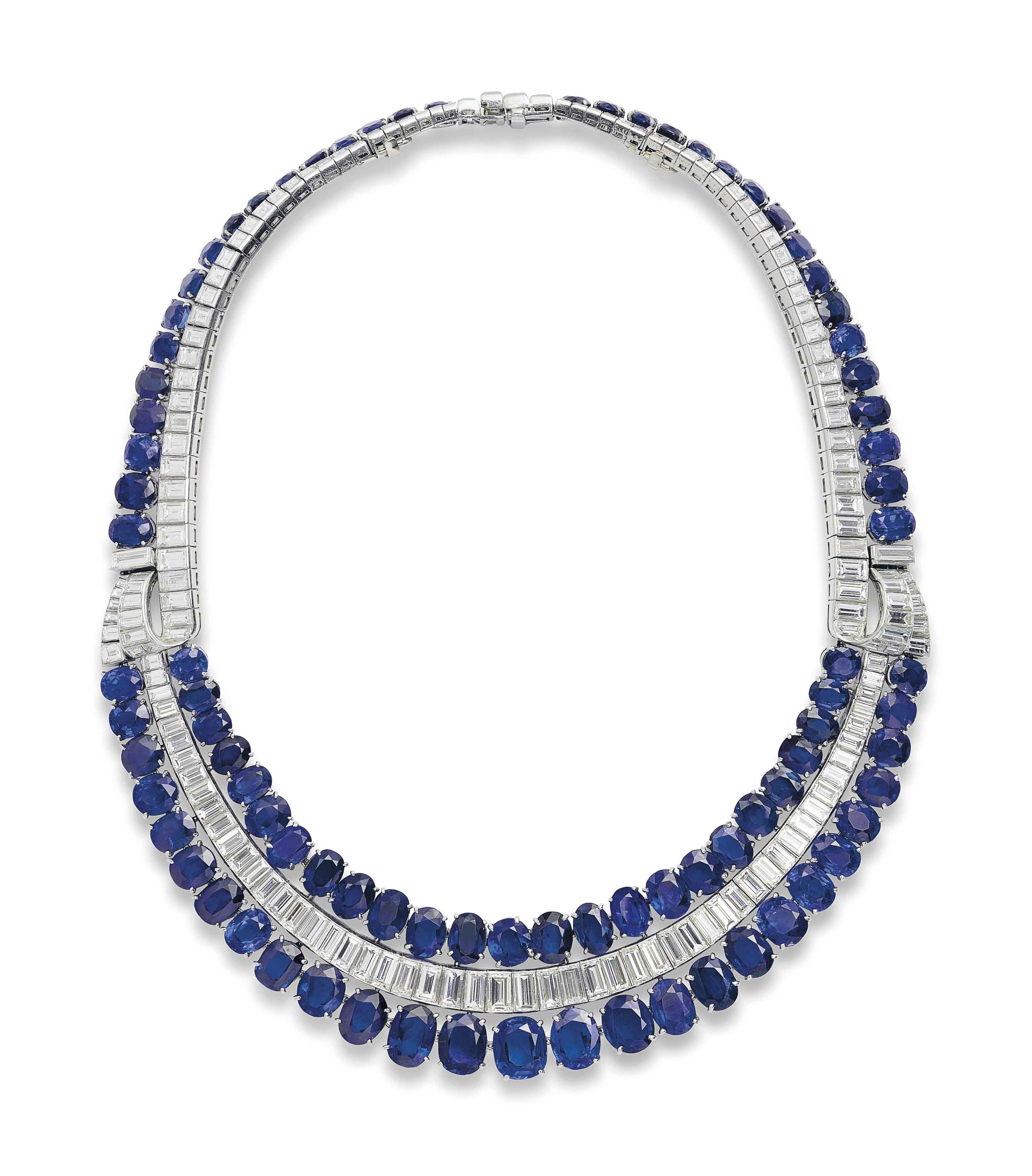 A SAPPHIRE, SYNTHETIC SAPPHIRE AND DIAMOND BIB NECKLACE, BY VAN CLEEF & ARPELS | Christie's