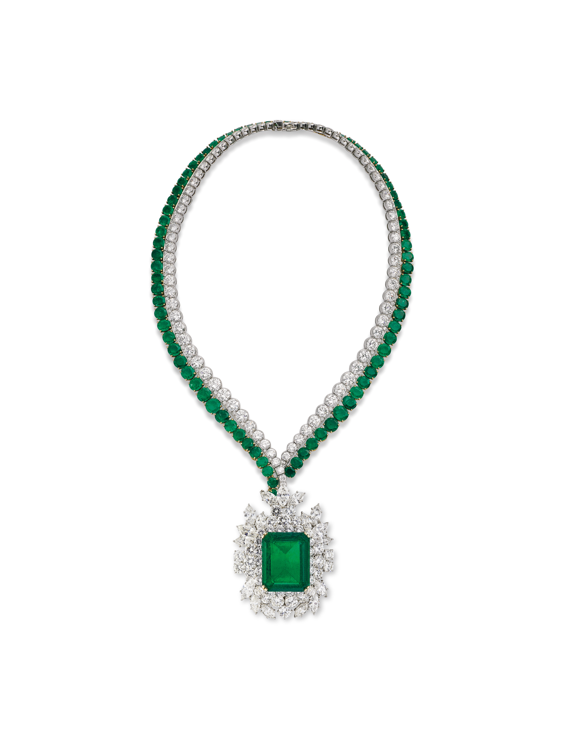 AN EMERALD AND DIAMOND PENDENT NECKLACE, BY HARRY WINSTON ...
