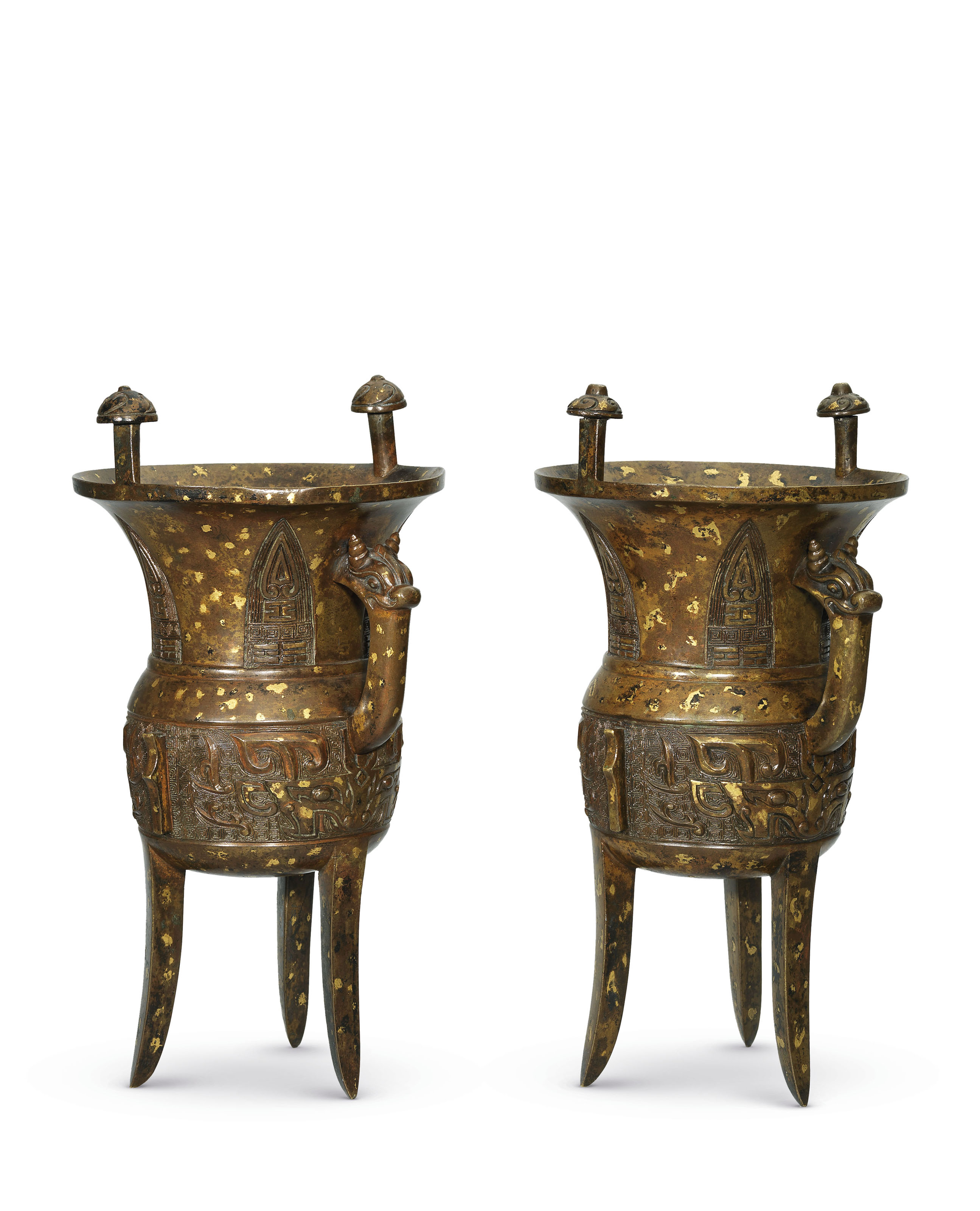 A PAIR OF ARCHAISTIC GILTSPLASHED WINE VESSELS, JIA , QING DYNASTY