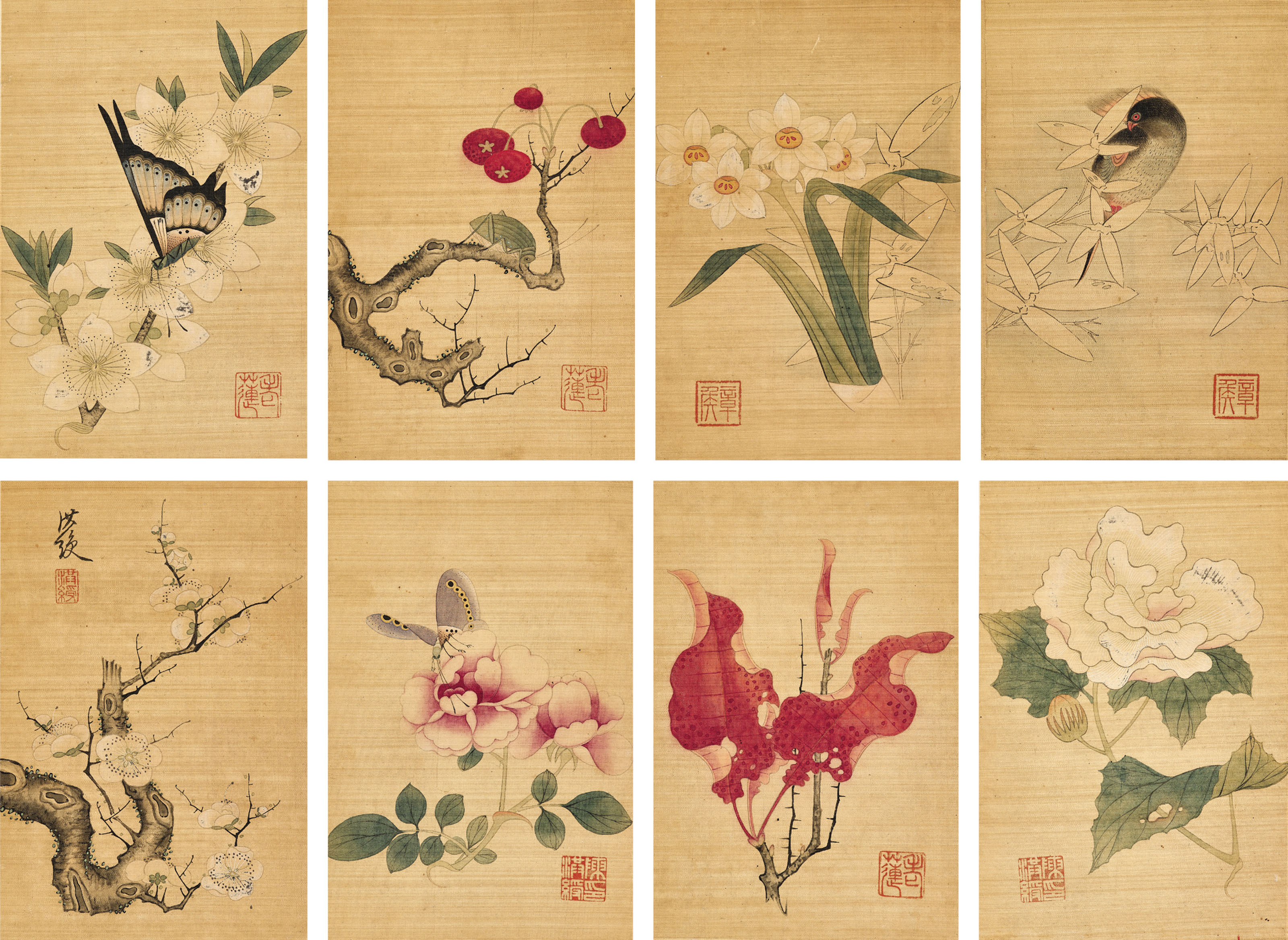 Chen Hongshou (1598-1652), Insects and Flowers. Album of eight leaves, ink and colour on silk. Each 20 x 13.4 cm (7 ⅞ x 5 &frac14; in). Sold for HK$6,660,000 on 28 November 2016 at Christie's in Hong Kong