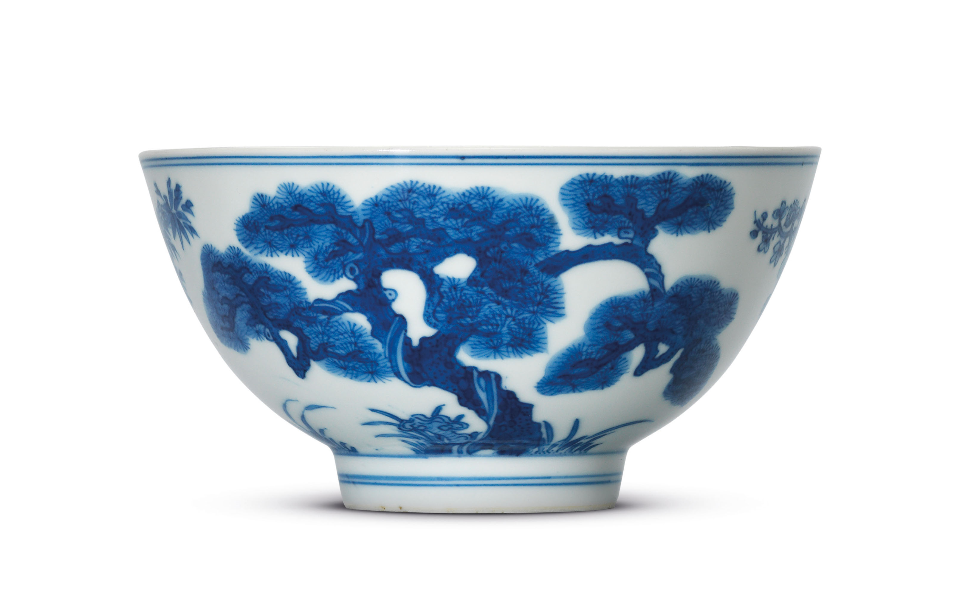 明宣德青花海水雙龍紋內暗花龍紋高足盌雙圈六字楷書款, XUANDE SIX