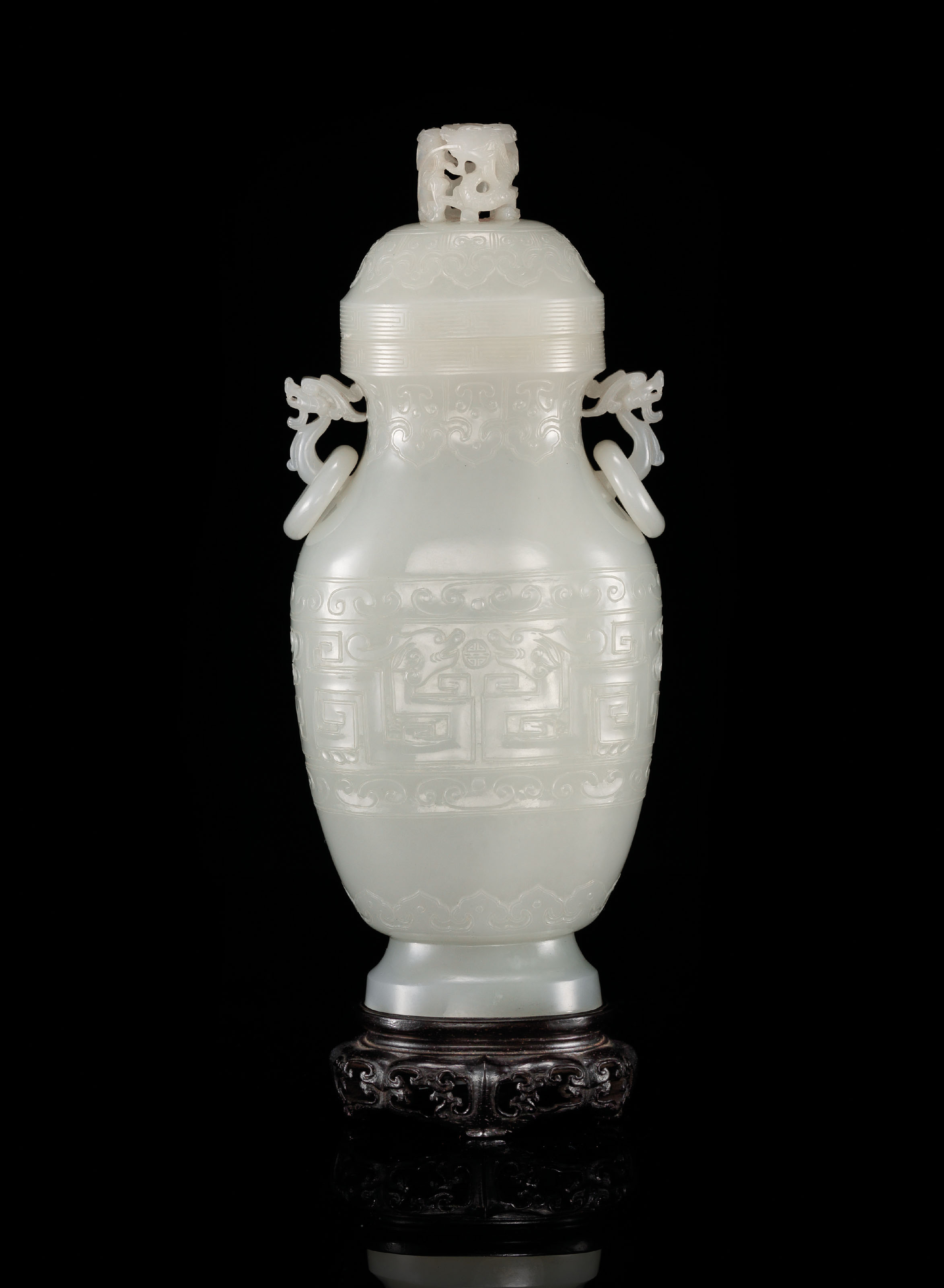 A SUPERB WHITE JADE 'CHILONG' VASE AND COVER , QIANLONG PERIOD (1736