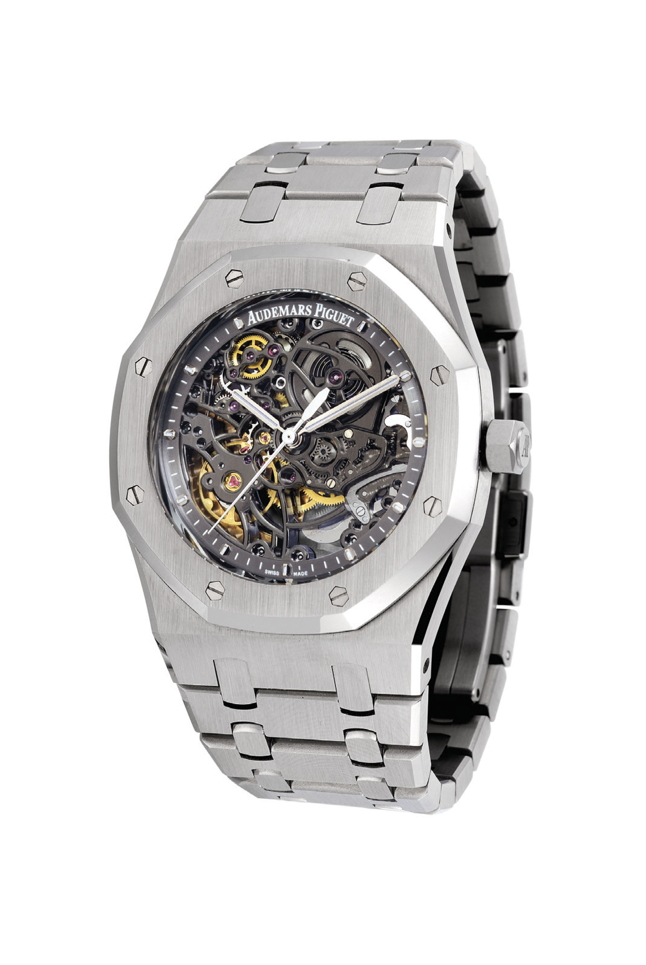 AUDEMARS PIGUET. A FINE AND RARE STAINLESS STEEL AUTOMATIC SKELETONISED ...