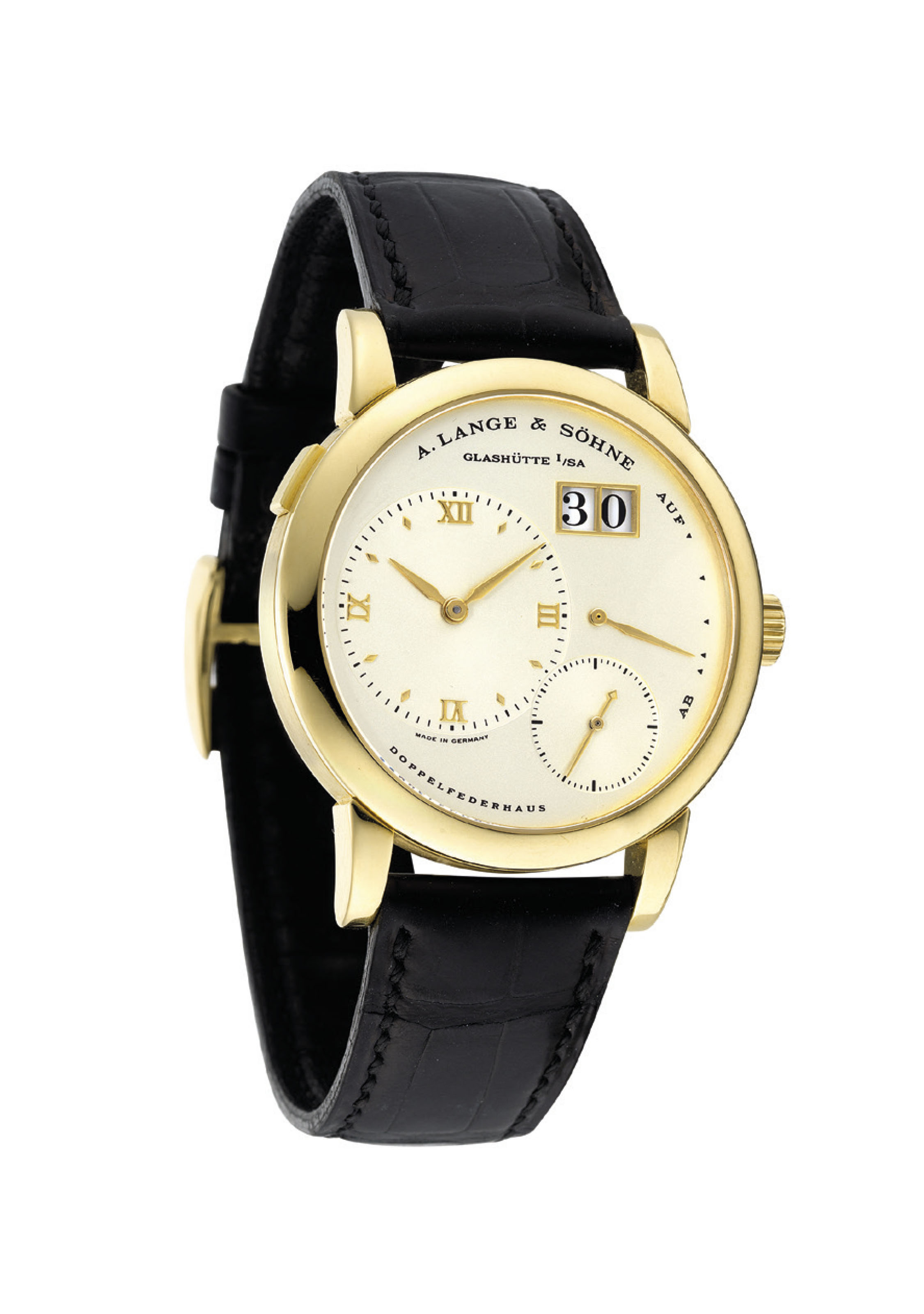 A. LANGE & SÖHNE. A FINE AND RARE 18K GOLD WRISTWATCH WITH POWER RESERVE AND DATE , SIGNED A