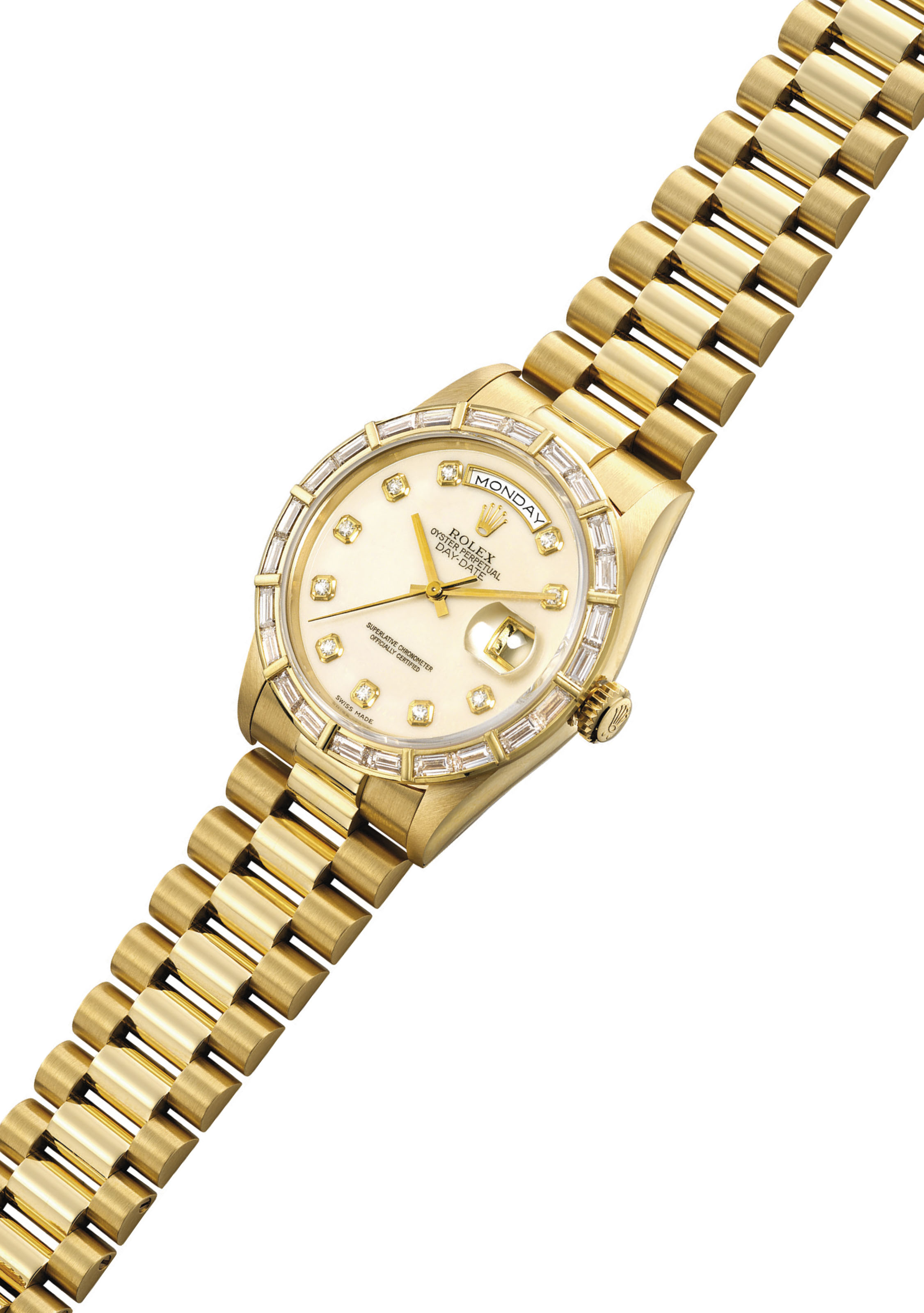 ROLEX. A FINE 18K GOLD AND DIAMOND-SET AUTOMATIC WRISTWATCH WITH SWEEP ...